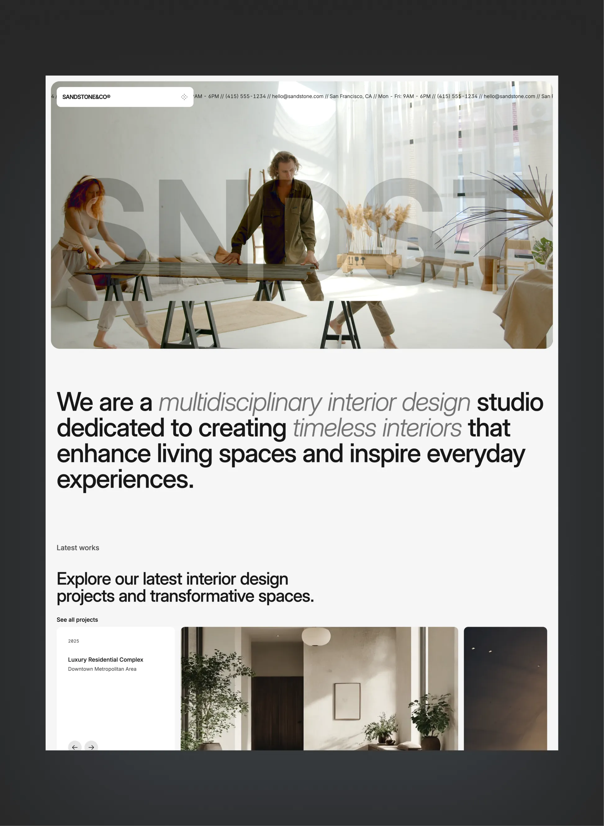 Sandstone interior design studio homepage layout