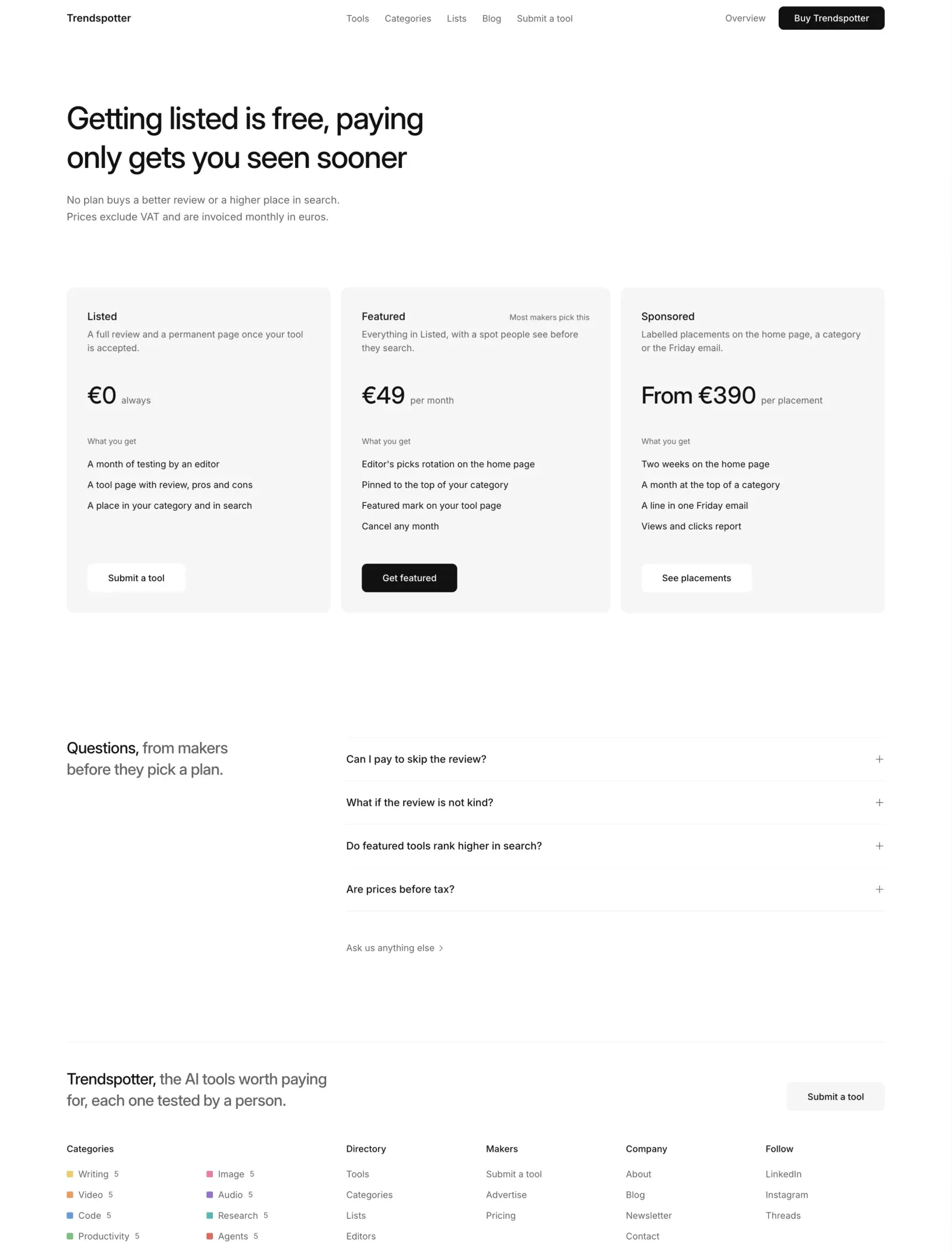 Trendspotter pricing for makers with three plans, listed for free, featured at 49 euros a month and sponsored placements, and questions before picking a plan