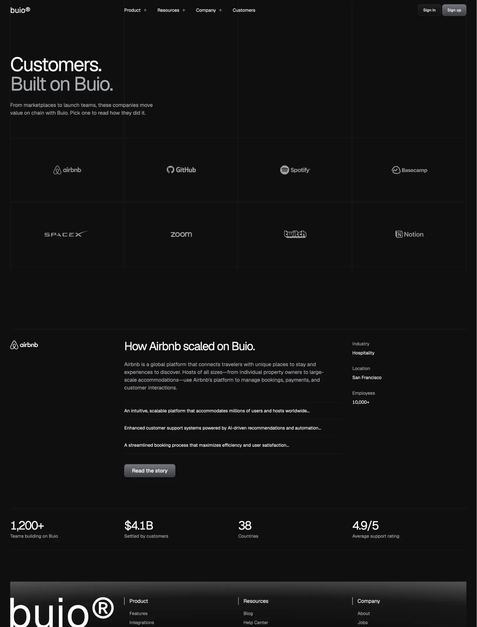 Buio customers page with a wall of customer logos, the Airbnb story with its results and details, and four stats
