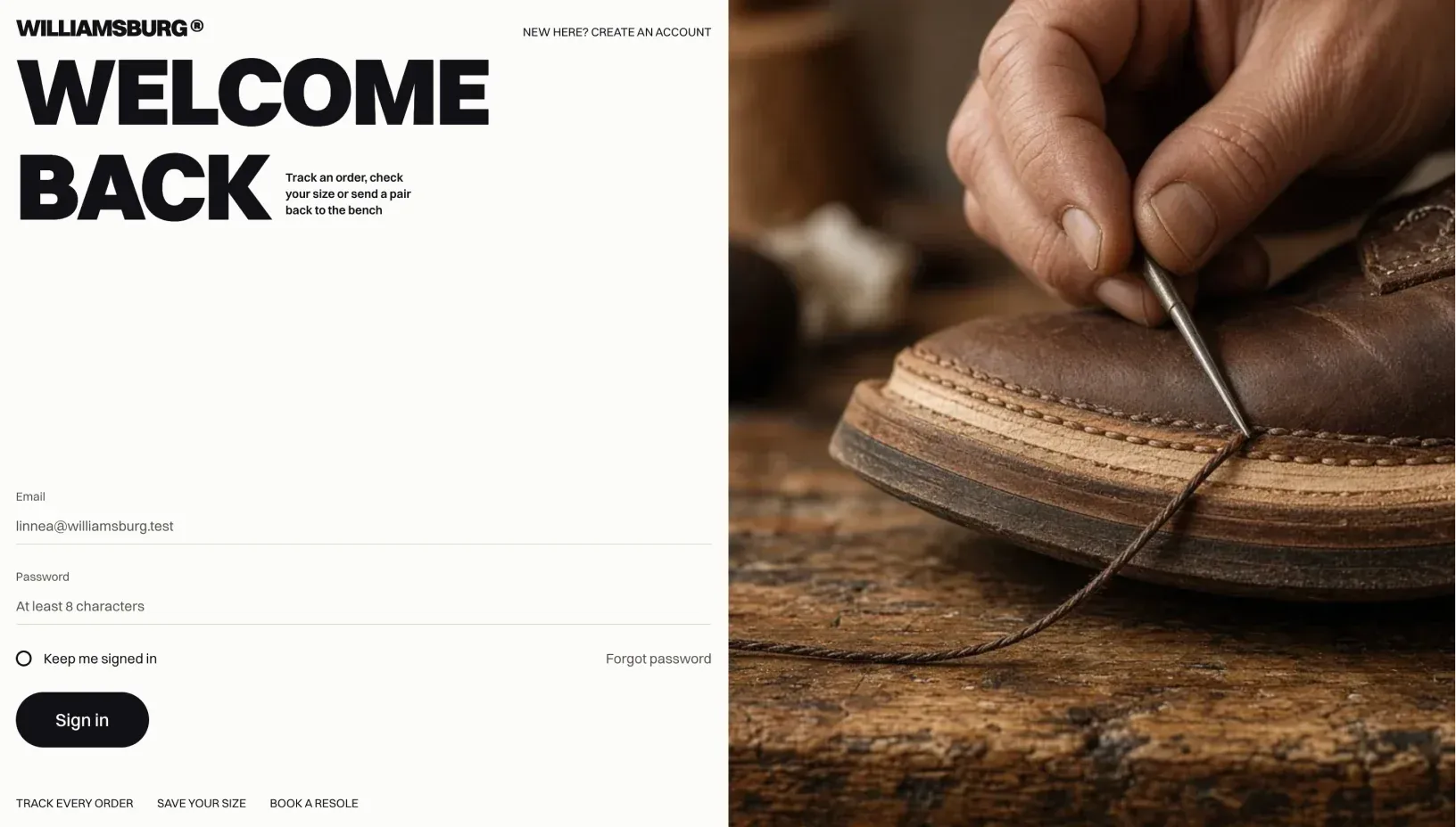 Williamsburg sign in page with Welcome back, email and password fields and a Sign in button beside a close photo of a welt being stitched