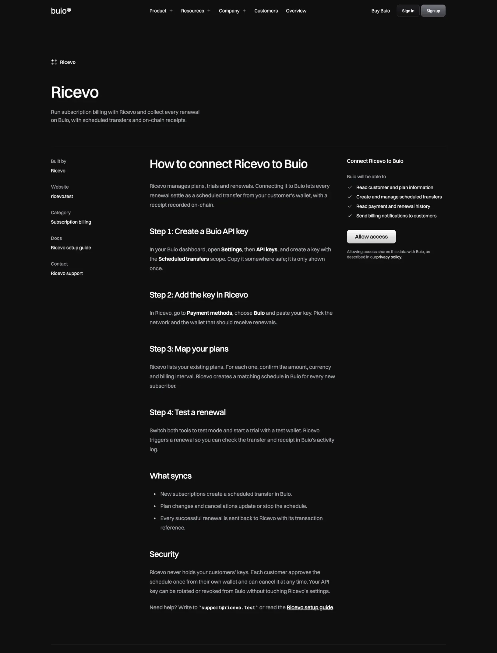 Buio integration page for Ricevo with its details sidebar, the setup steps and a panel listing what Buio can access