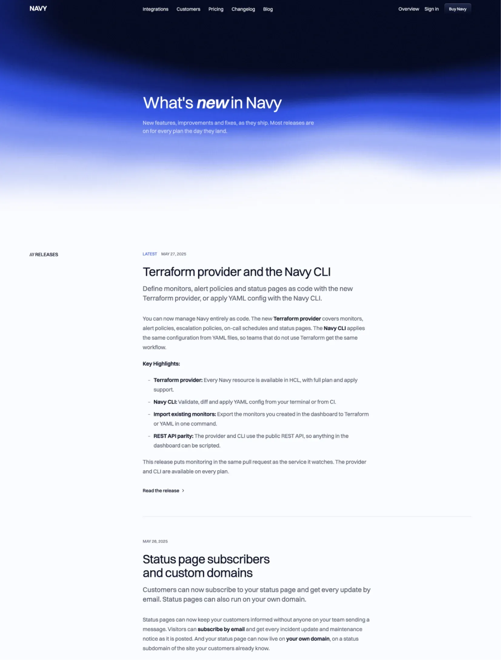 Navy changelog with each release under the gradient hero, its date, highlights and a link to the full notes