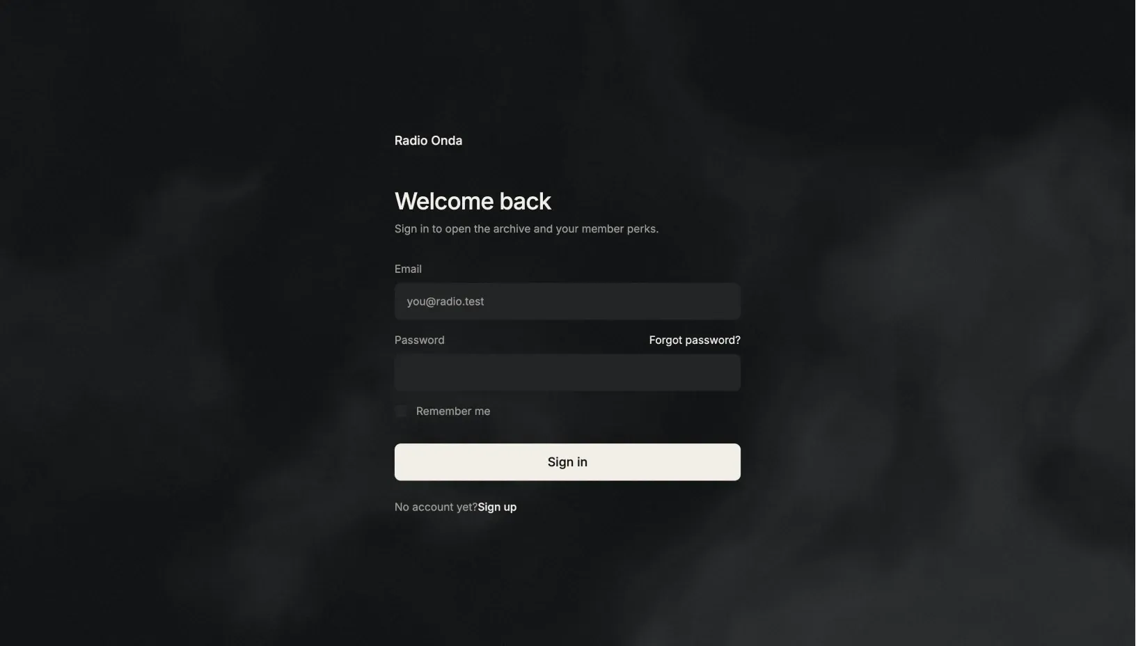 Streamer sign in page over the grainy smoke shader, with the station name, a Welcome back heading, email and password fields and a full width sign in button