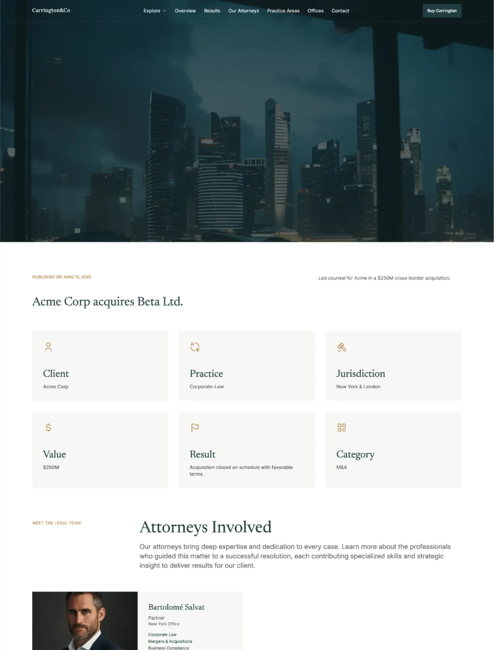 Carrington case study with a skyline hero, case detail cards and the attorneys involved
