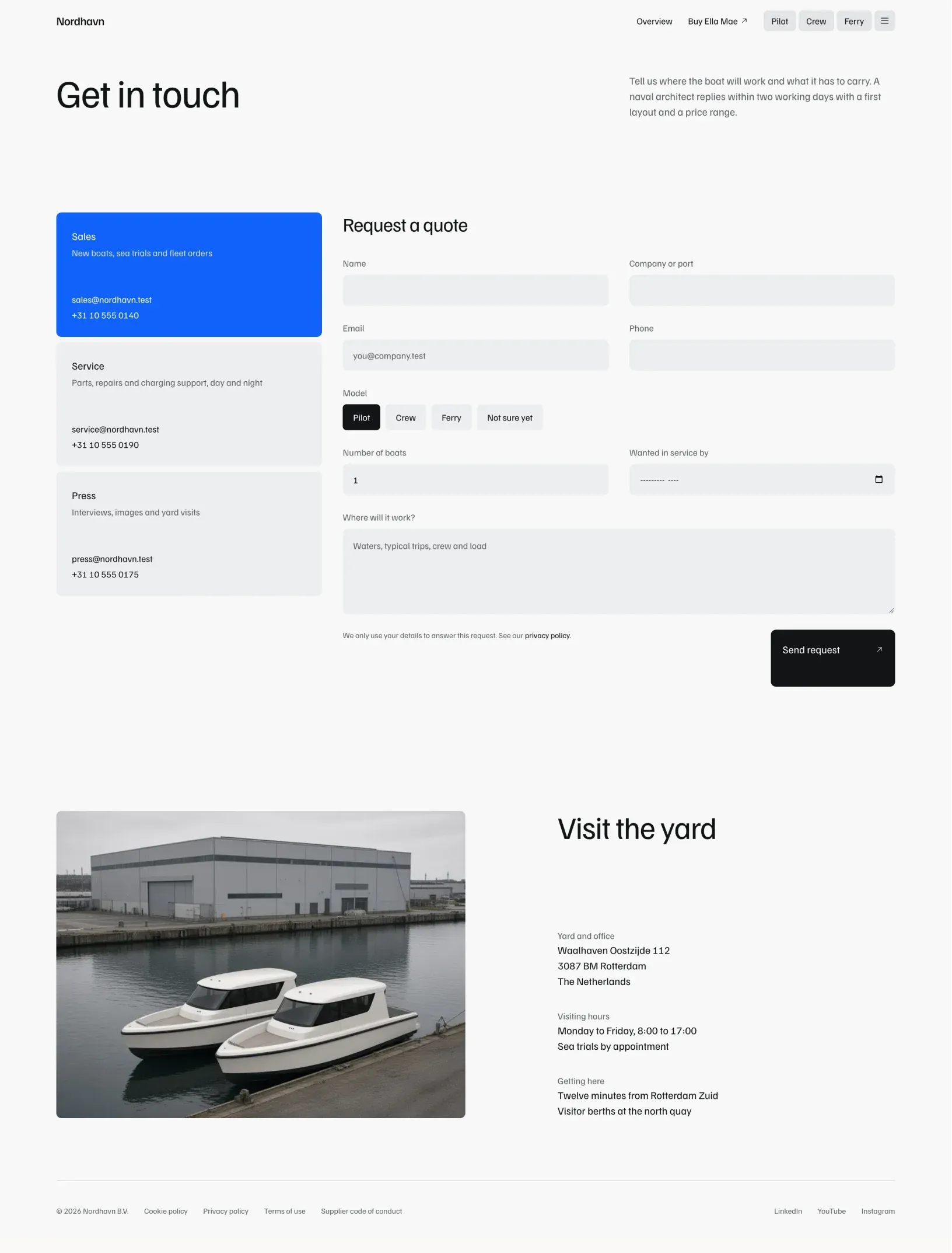 Ella Mae contact page with department tiles, a quote request form and the yard address