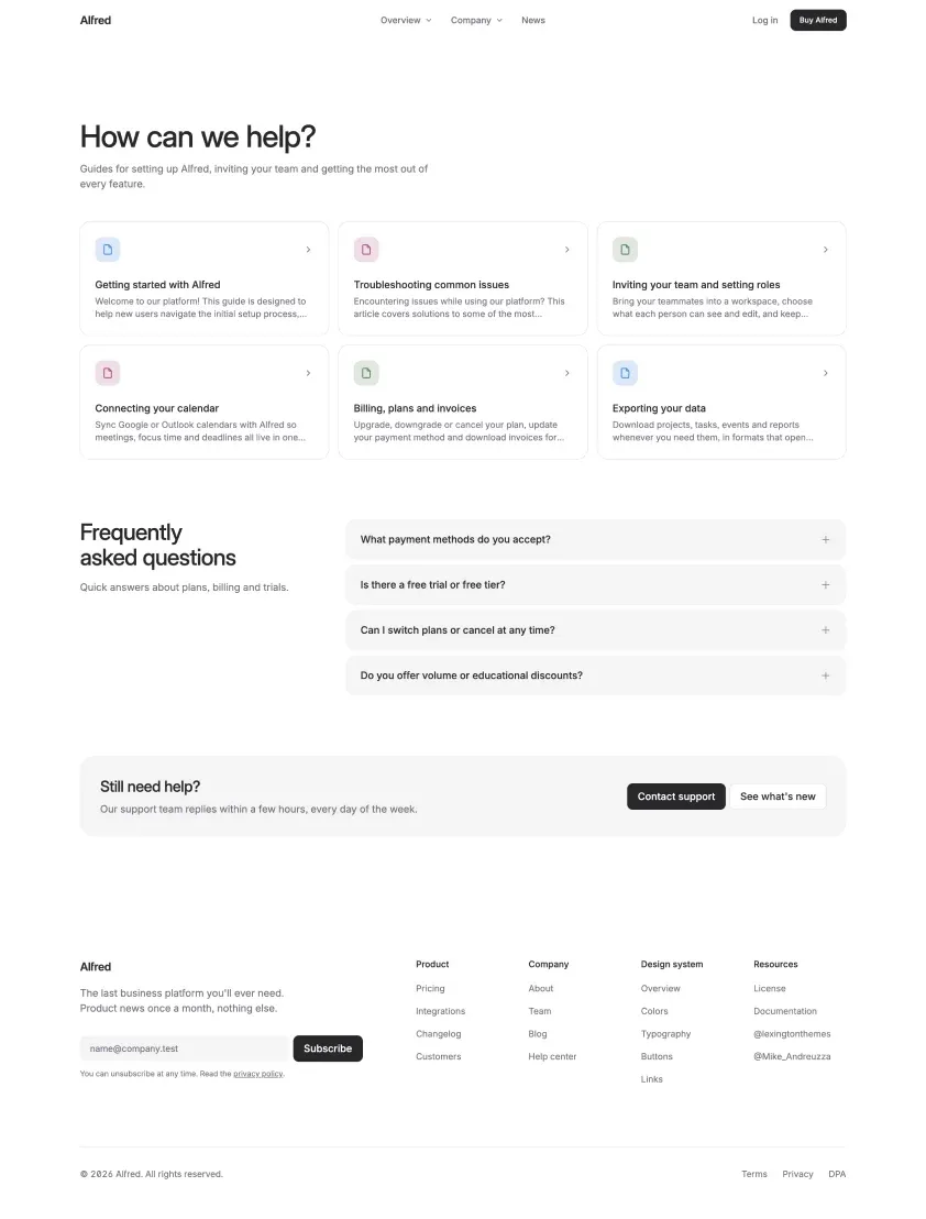 Alfred help center index with FAQ