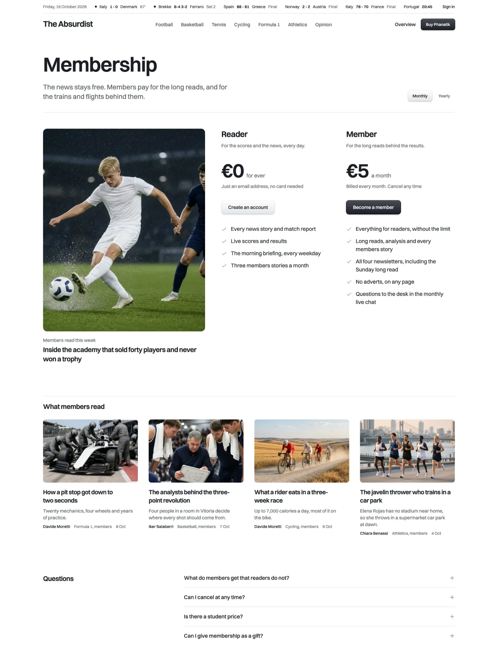 Phanatik membership page with a monthly and yearly toggle, a members story photo beside two plans with prices and features, a row of members stories and the questions