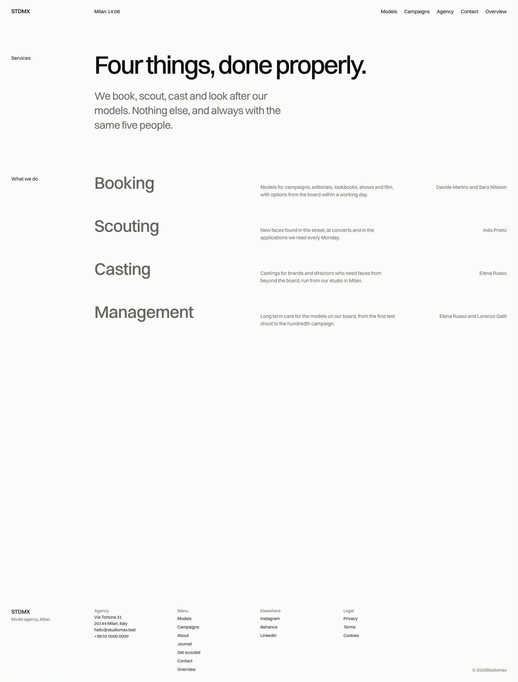 Studiomax services page with booking, scouting, casting and management, each with a short summary and the agent in charge