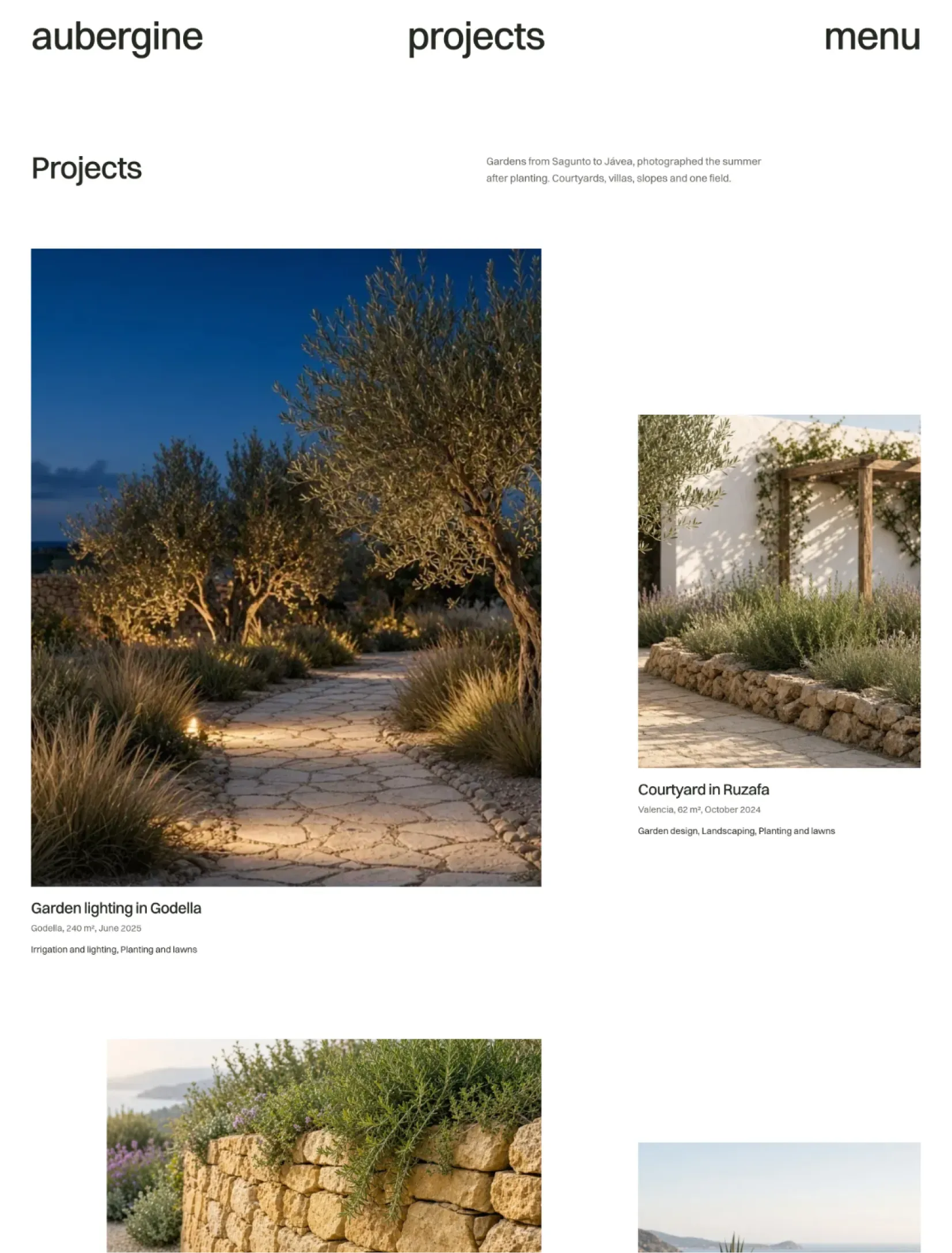 Aubergine services list beside a coastal garden photo