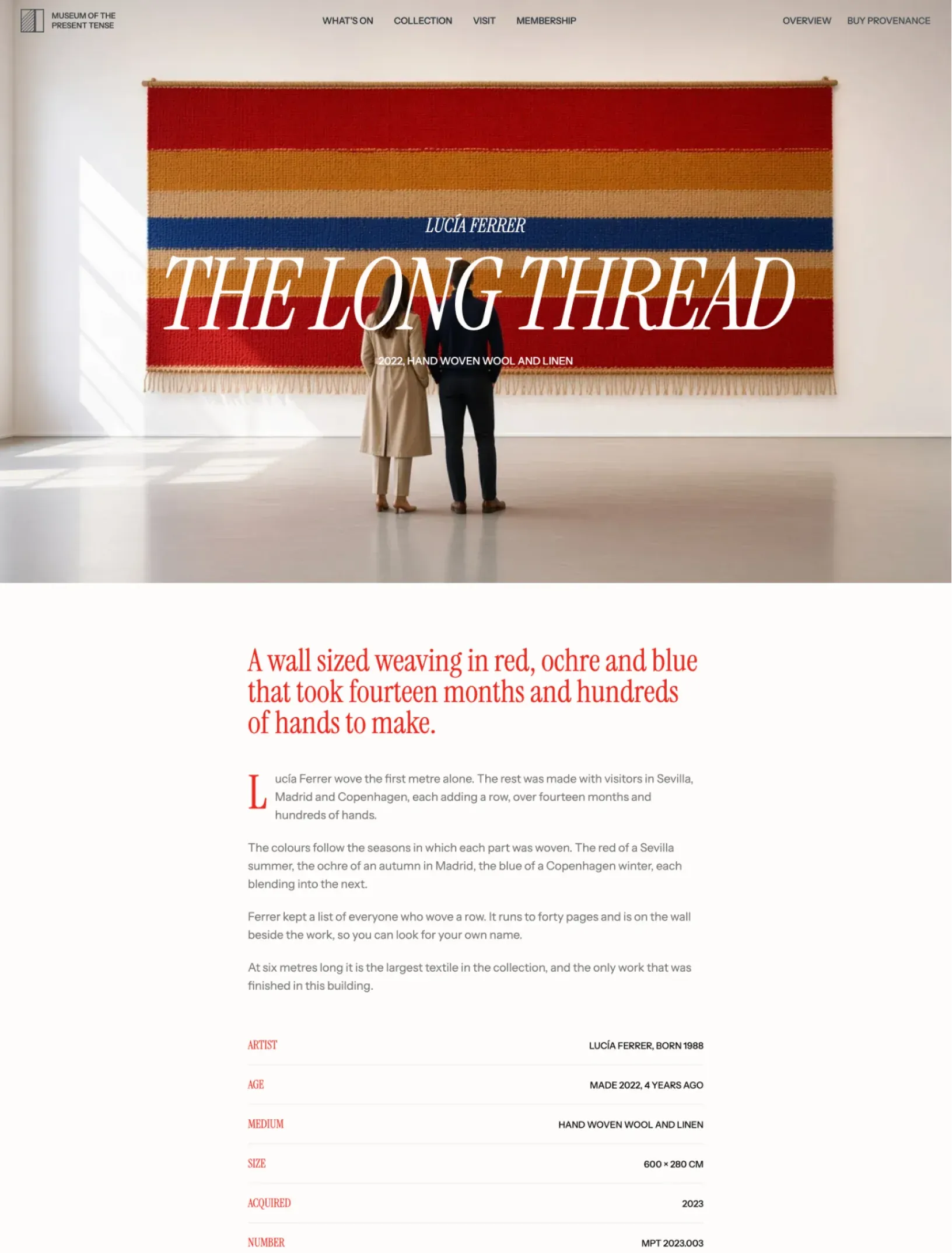 Offcut work page for The Long Thread with two visitors in front of a striped red, ochre and blue weaving, a red lead paragraph, the story with a drop cap and a facts table with artist, age, medium, size and number