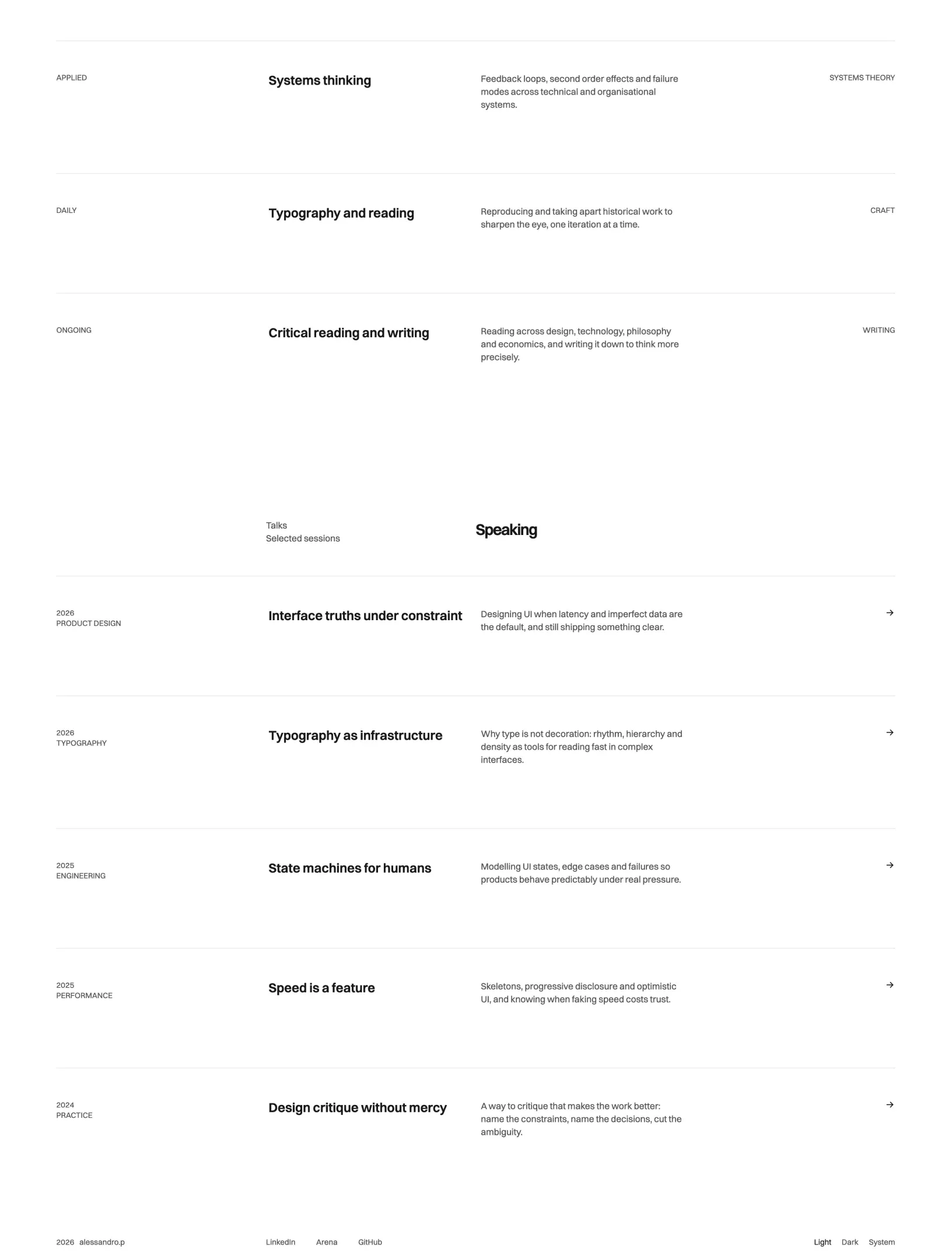 Prima Persona speaking in light mode with five talks by year and topic, and the footer with social links and the Light, Dark and System toggle