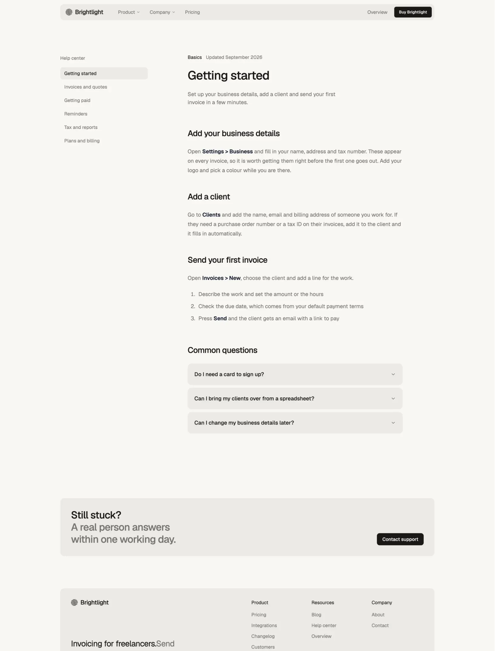 Brightlight getting started guide with the topic list, setup steps and common questions