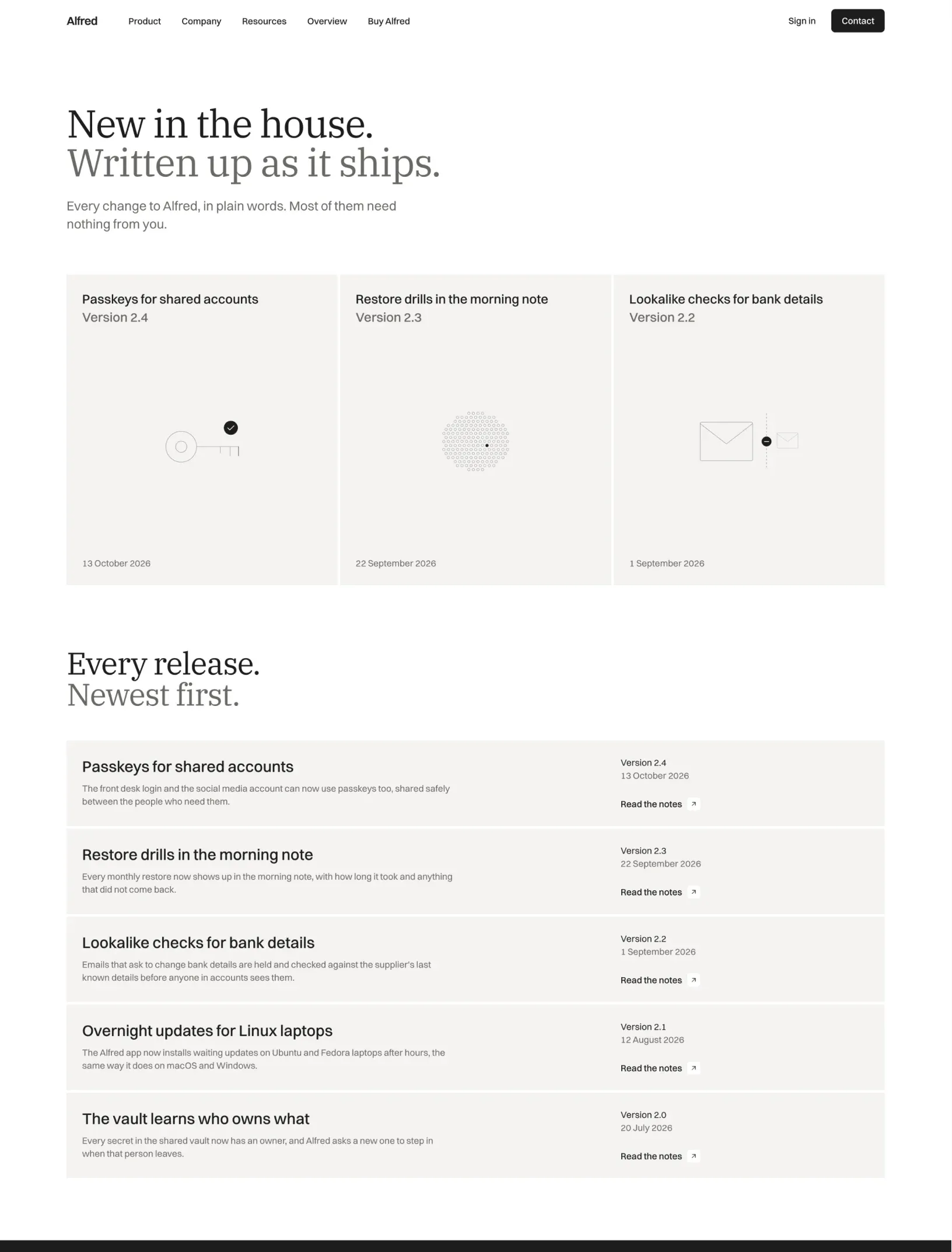 Alfred changelog with the three latest releases in cards with drawings and every release in rows with version, date and a link