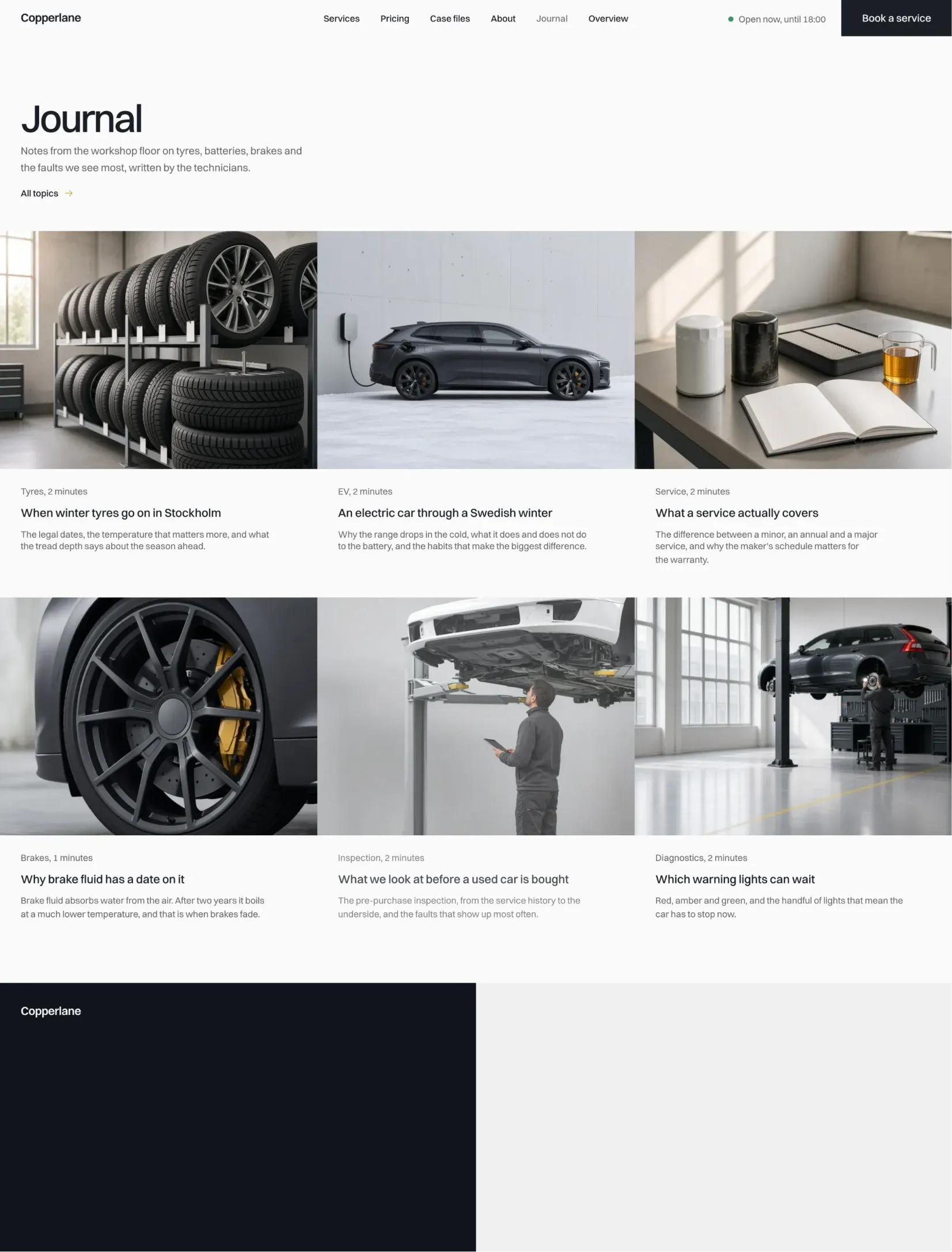 Copperlane journal index with posts on tyres, batteries and brakes