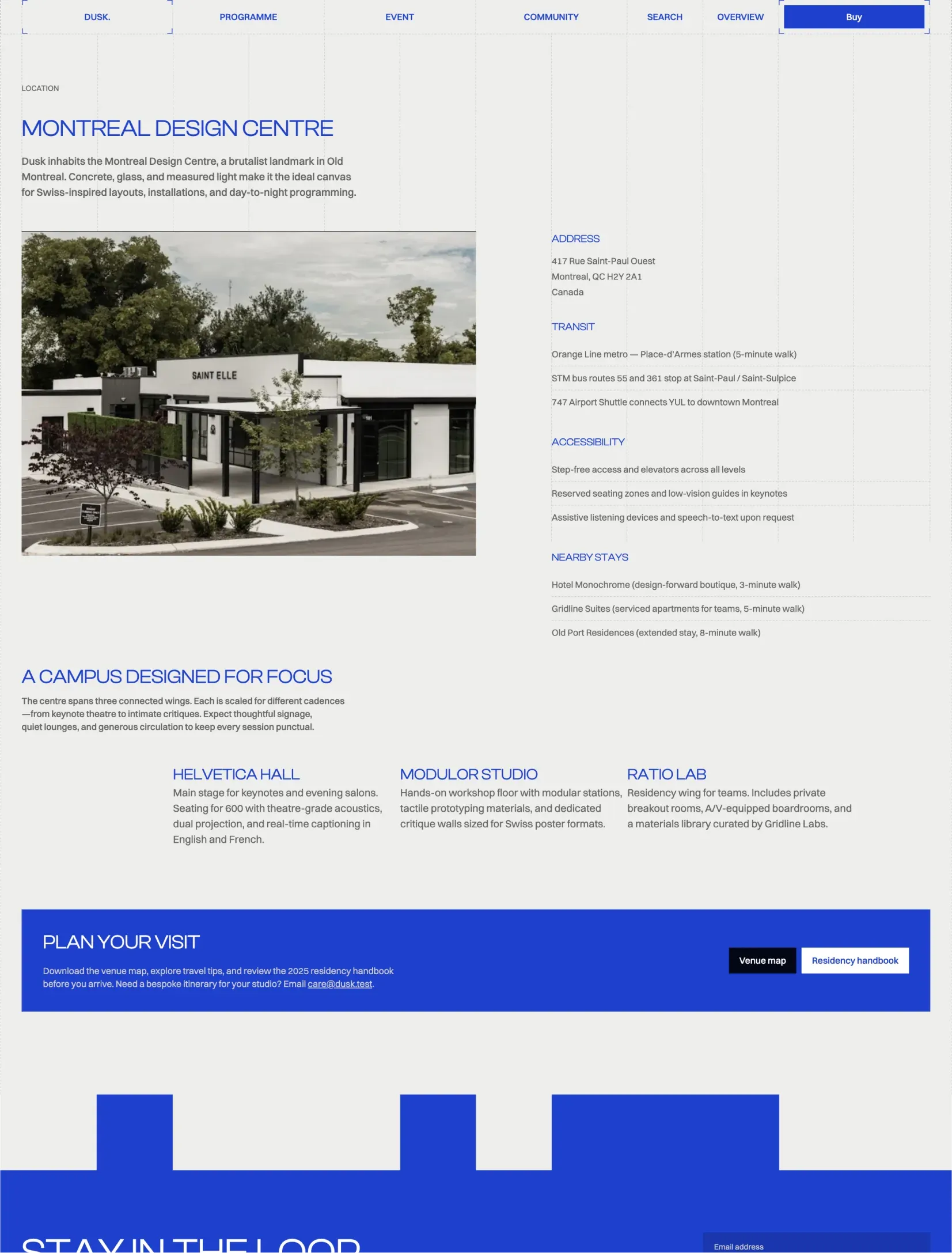 Dusk venue page for the Montreal Design Centre with the address, transit, accessibility and nearby stays, and its three rooms