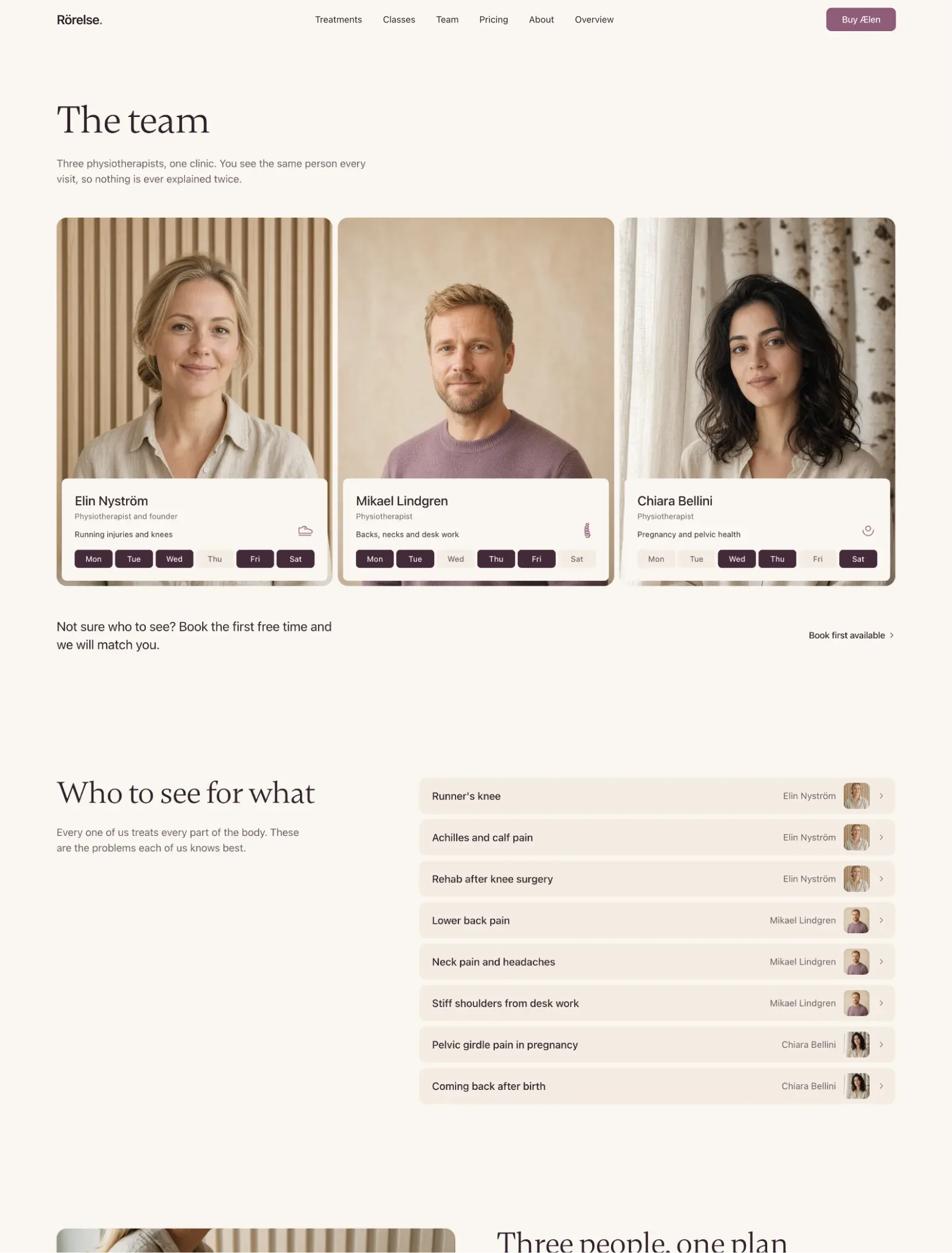 Ælen team page with three portraits and the days each physiotherapist is in, and who to see for what with eight common problems