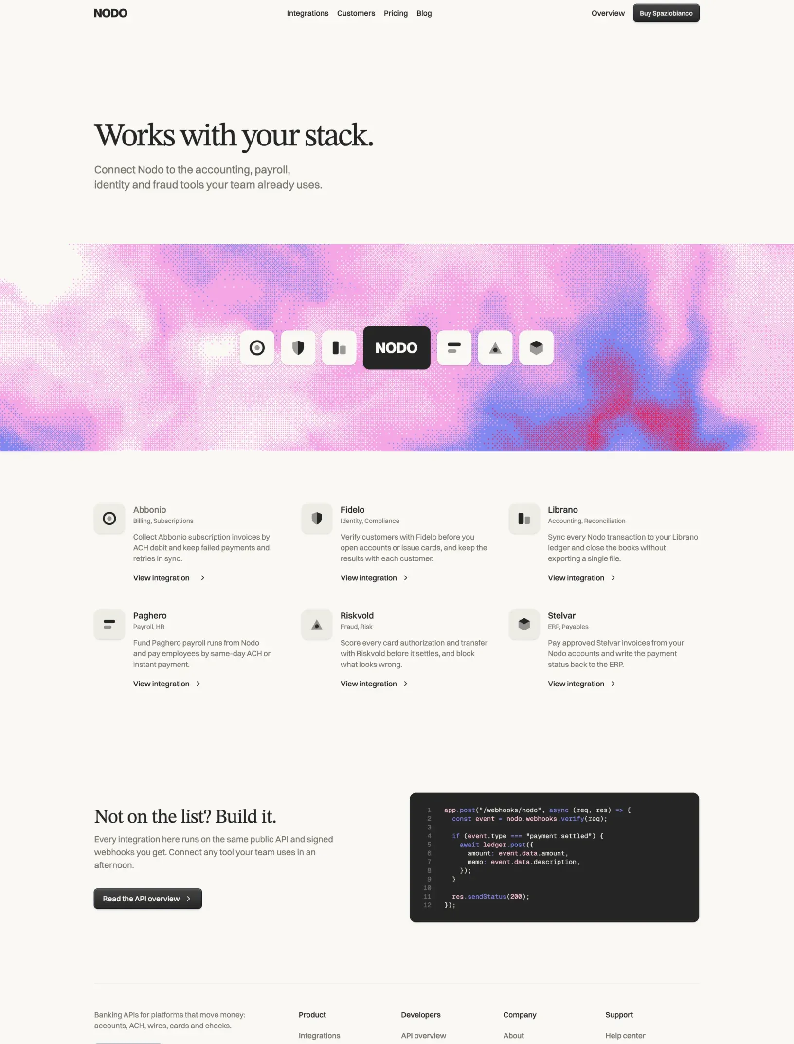 Spaziobianco integrations directory with a shader band of integration marks and a build your own section