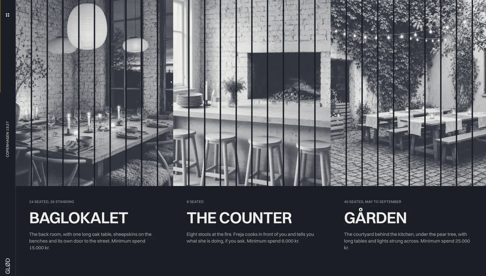 Ottis rooms section with three photo columns for the back room, the counter and the courtyard