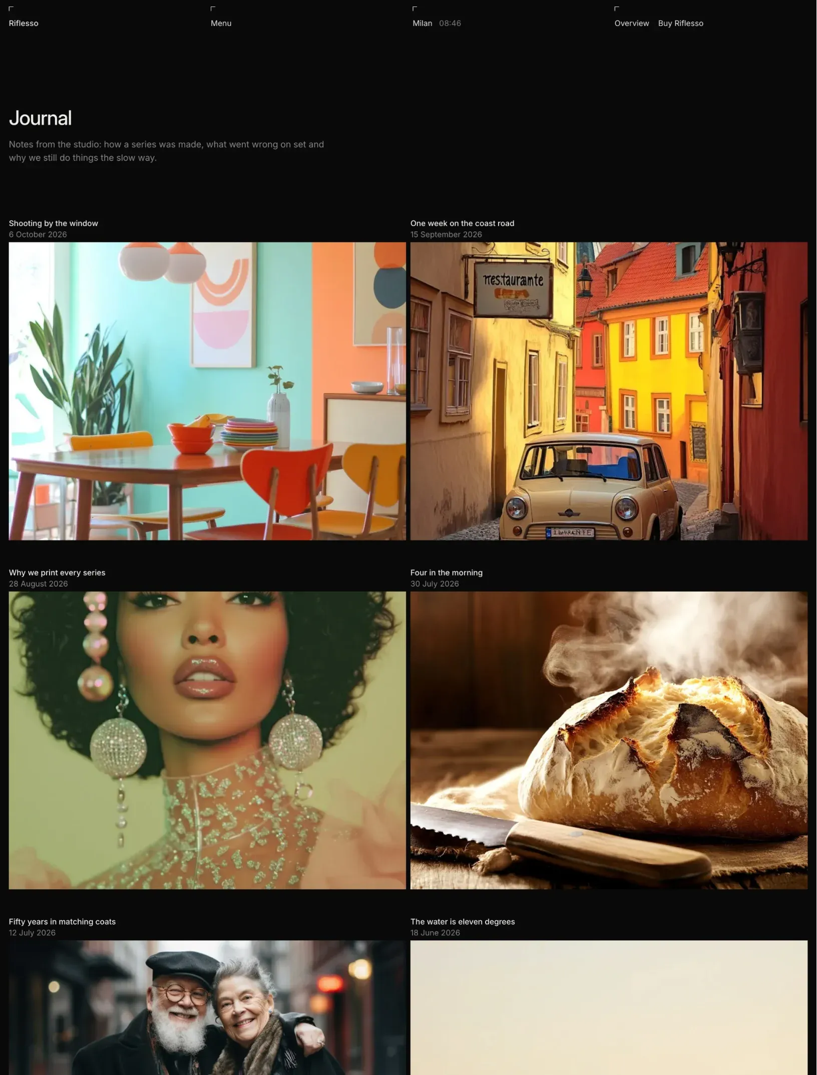 Riflesso journal index with a two column grid of posts, each with its title and date above a large image
