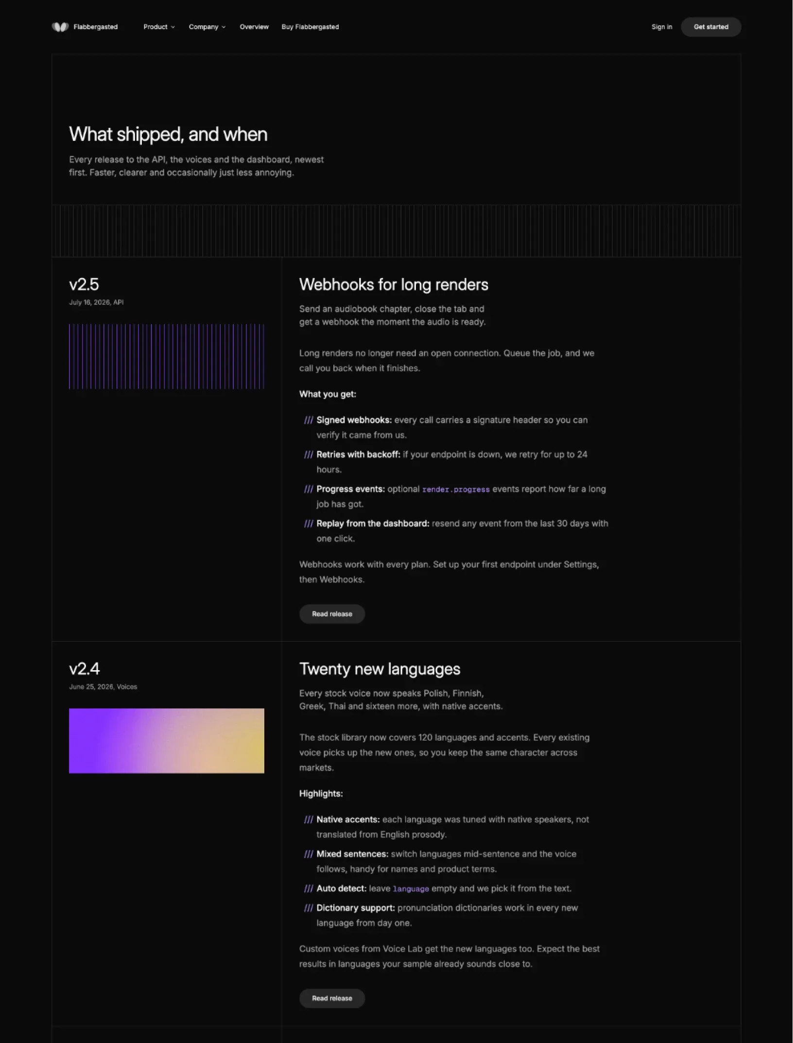 Flabbergasted changelog timeline with the version, date and art in the first column beside each release's full notes and a Read release button