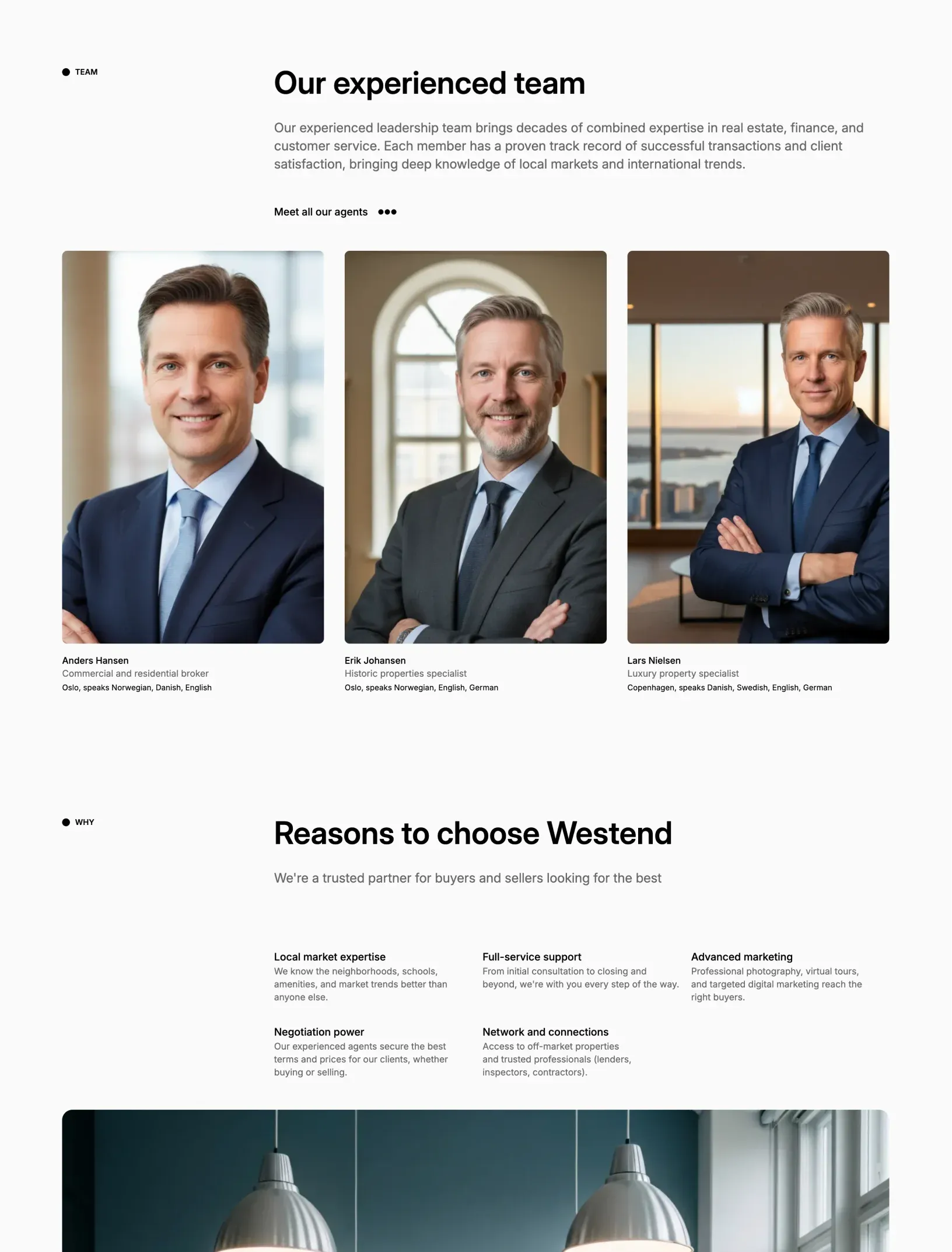 Westend company page team section with agent portraits and reasons to choose Westend