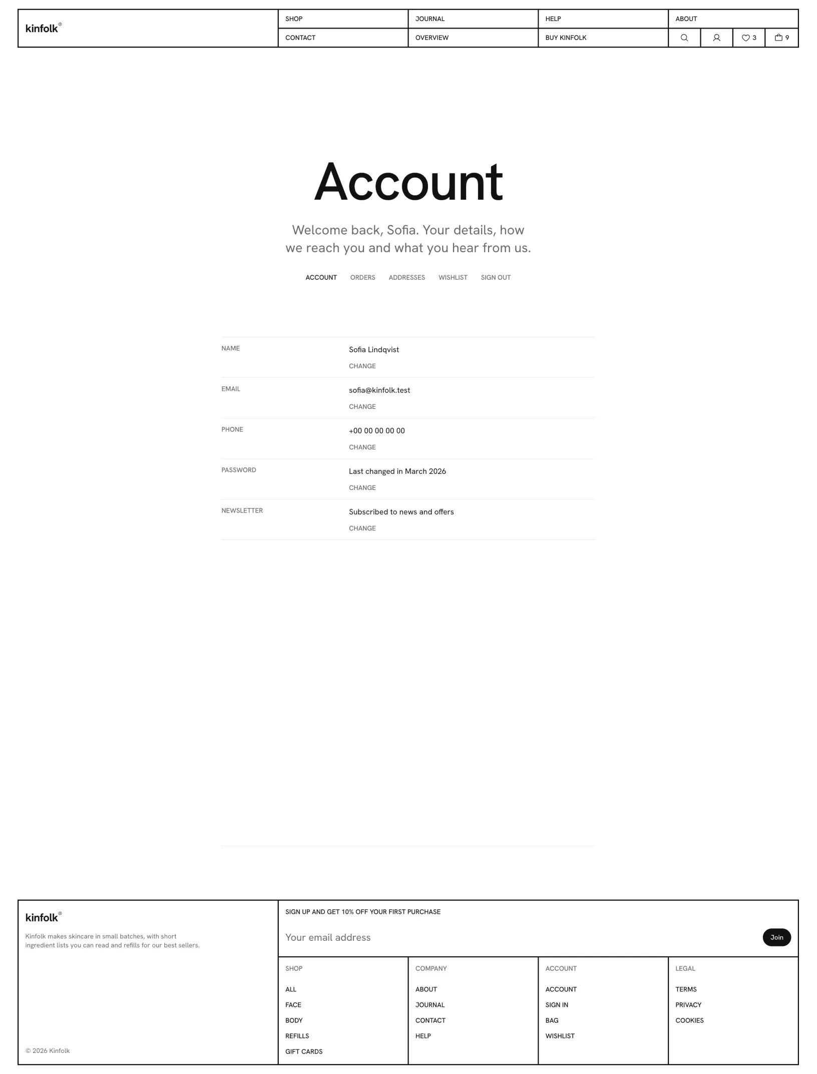 Kinfolk account page with the account links under the title and rows for name, email, phone, password and newsletter, each with a Change link