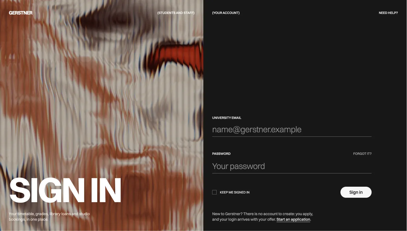 Gerstner sign in page with a red shader on one side and the student login form on a dark panel