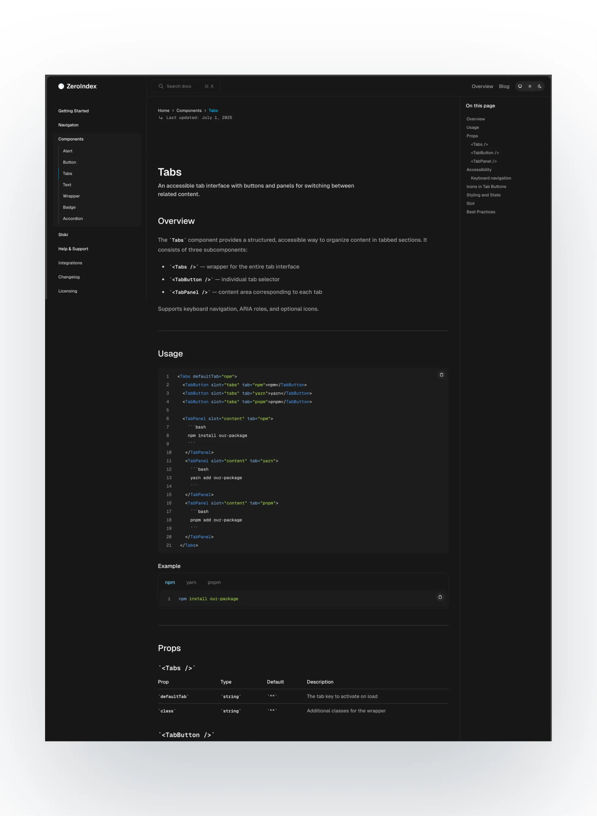 ZeroIndex API reference page