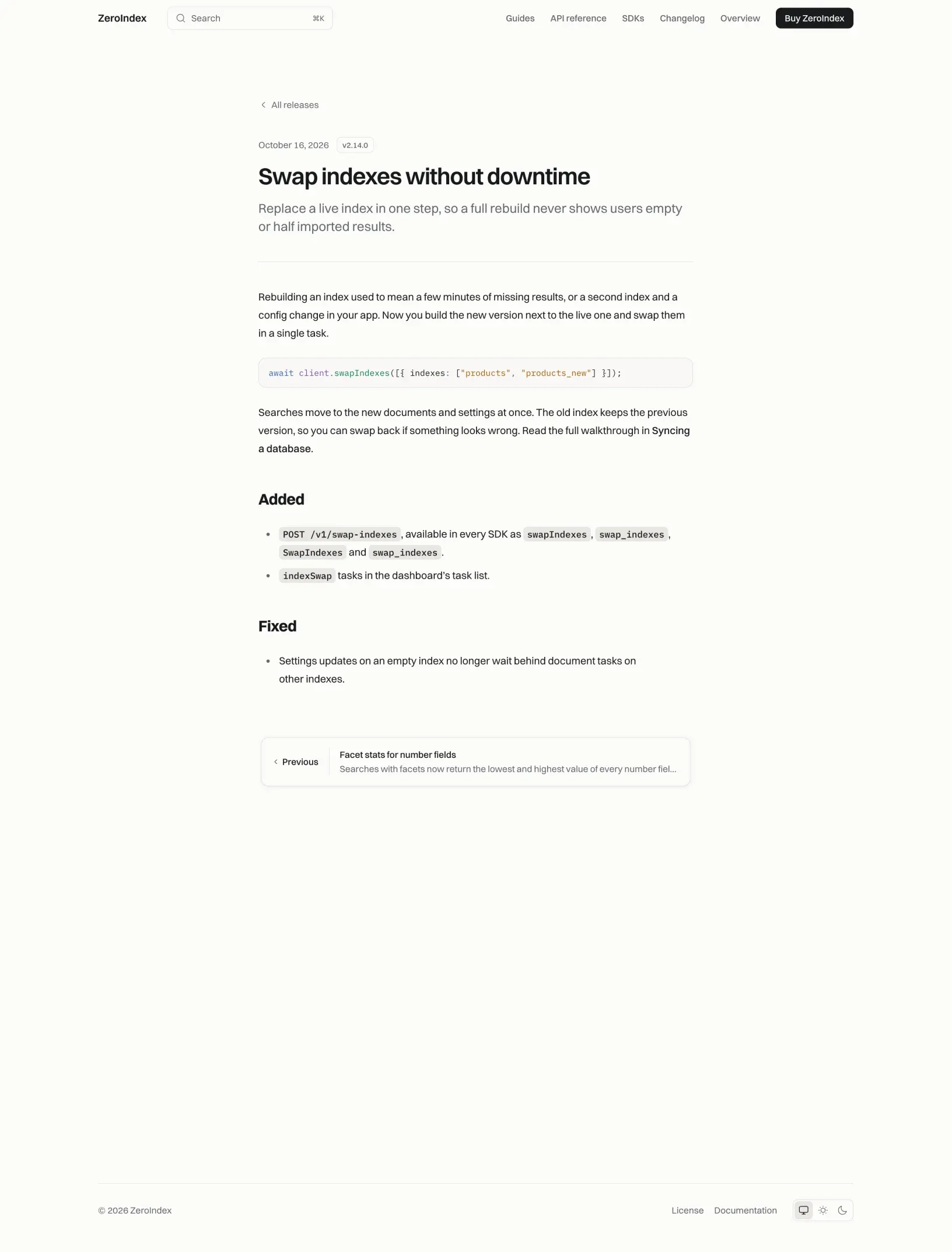 ZeroIndex release page for swap indexes without downtime, with the date and version, a code sample, Added and Fixed lists and the previous release card