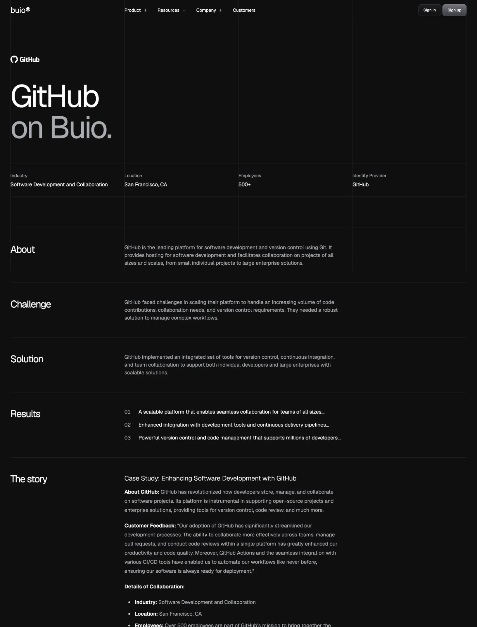 Buio customer story for GitHub with its details strip and ruled rows for about, challenge, solution, numbered results and the story