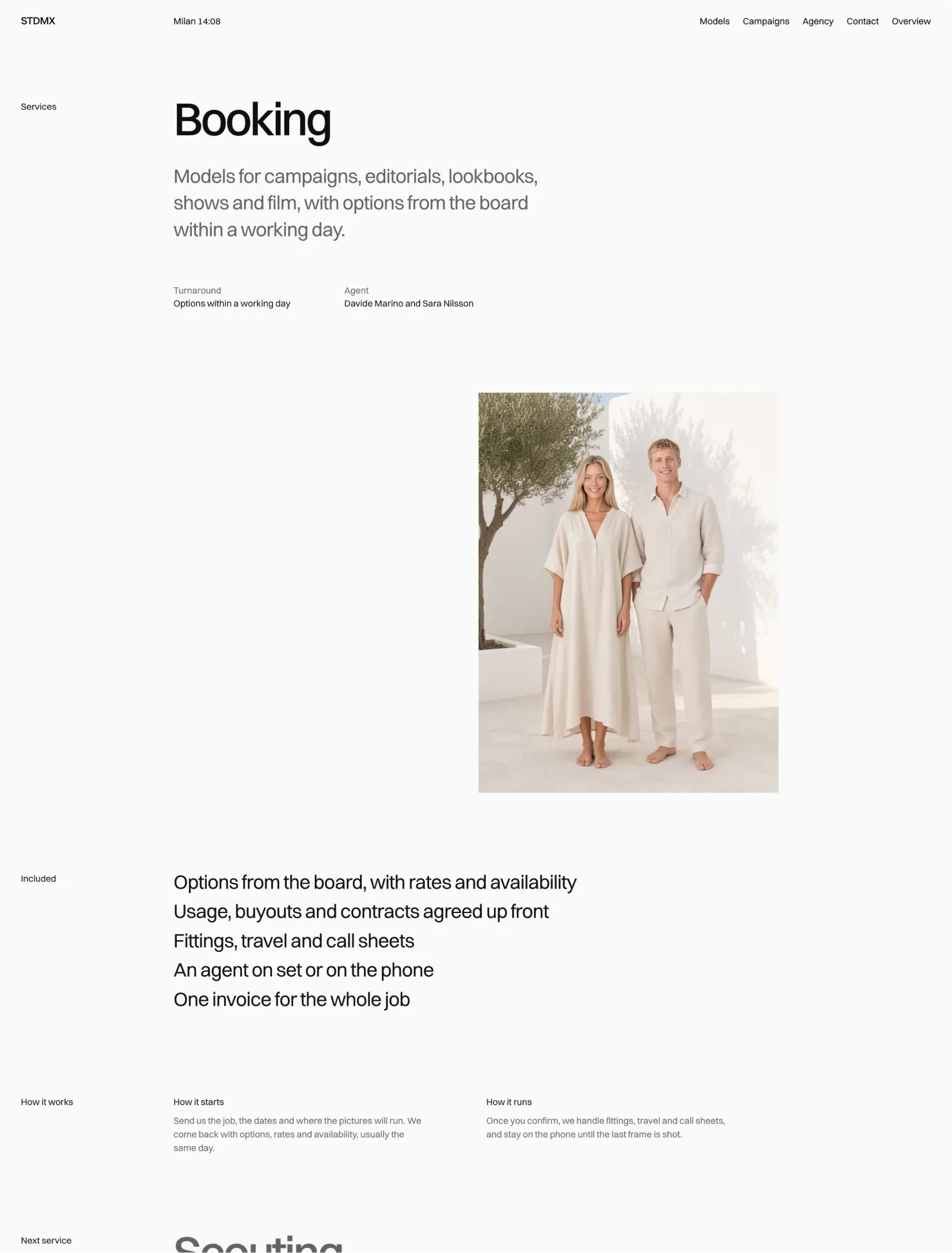 Studiomax booking service page with the turnaround, the agents, a campaign photo, what is included and how it works