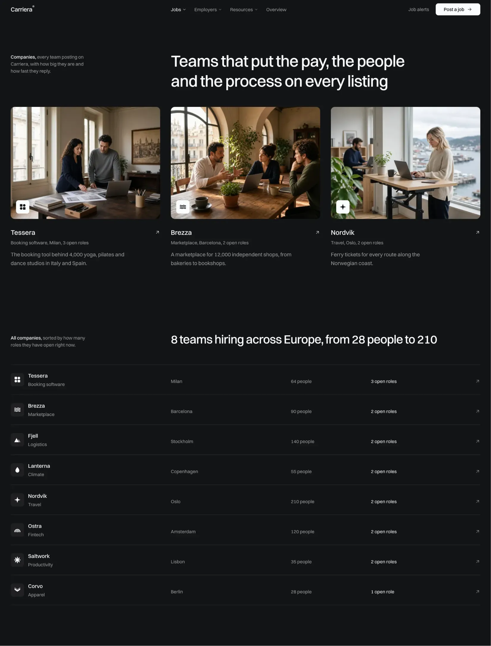 Carriera companies index with three teams in their offices and a list of eight companies with their city, size and open roles