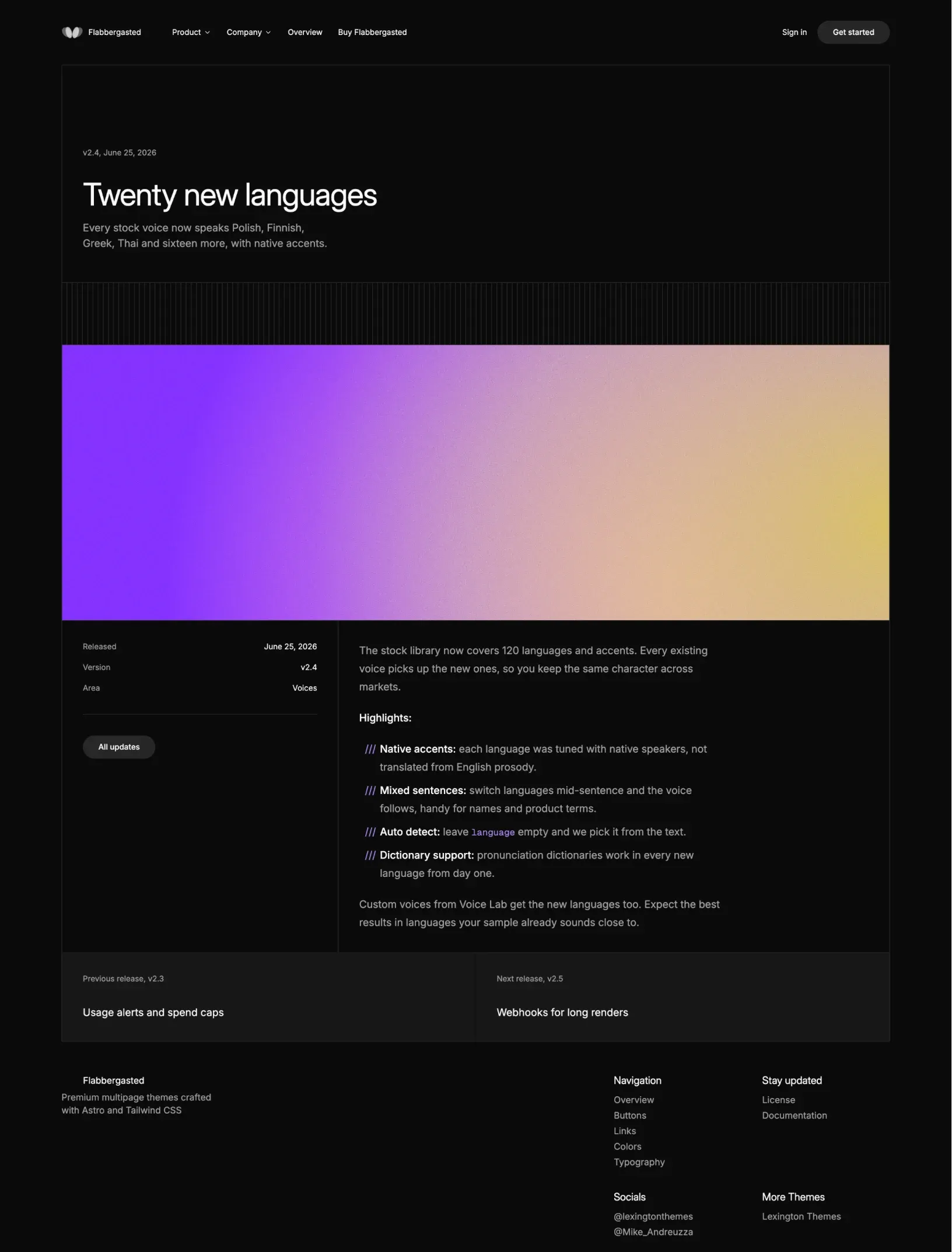 Flabbergasted changelog release for Twenty new languages with a full-width mesh band, release details in the sidebar and previous and next releases