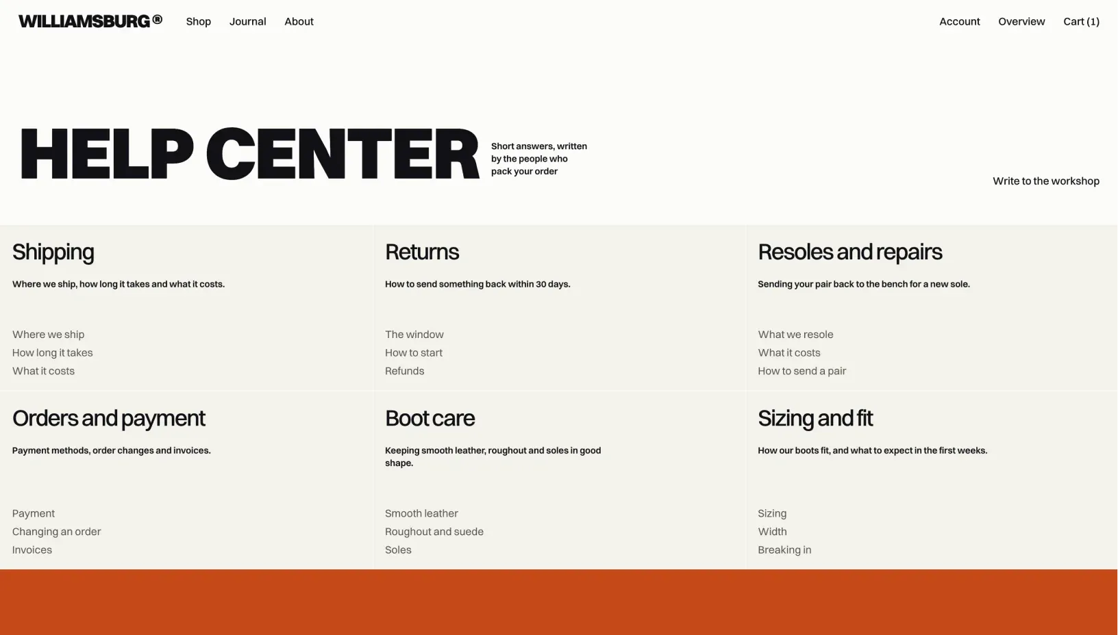Williamsburg help center with six topic tiles from Shipping to Sizing and fit, each with its description and three linked questions