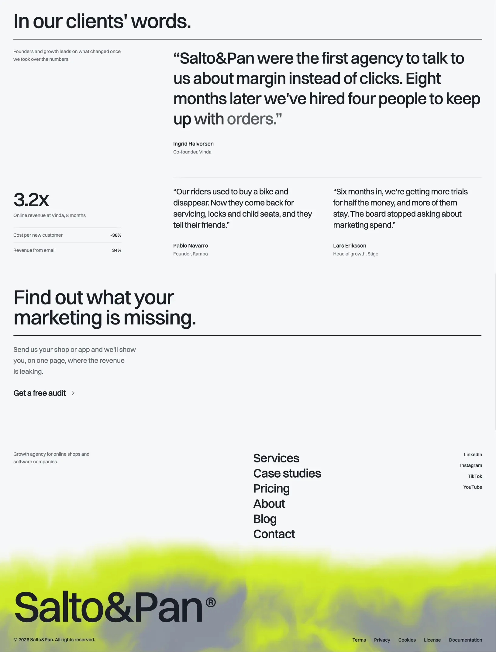 Kotei client quotes, the free audit call to action and the footer with large links and the Salto&Pan brand over the rising ink shader