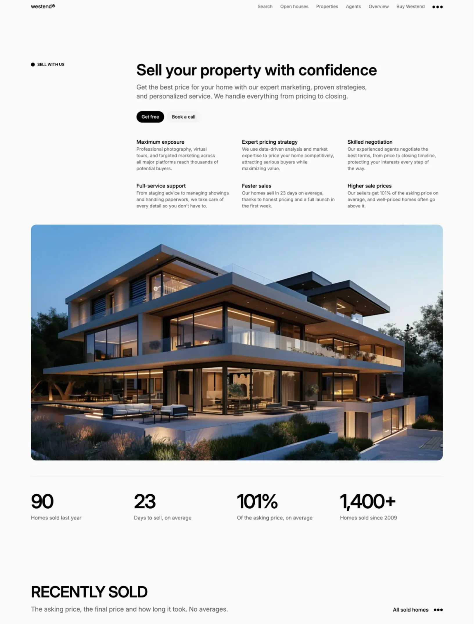 Westend sell your property page with selling benefits, a modern villa photo, sales stats and the Recently sold section