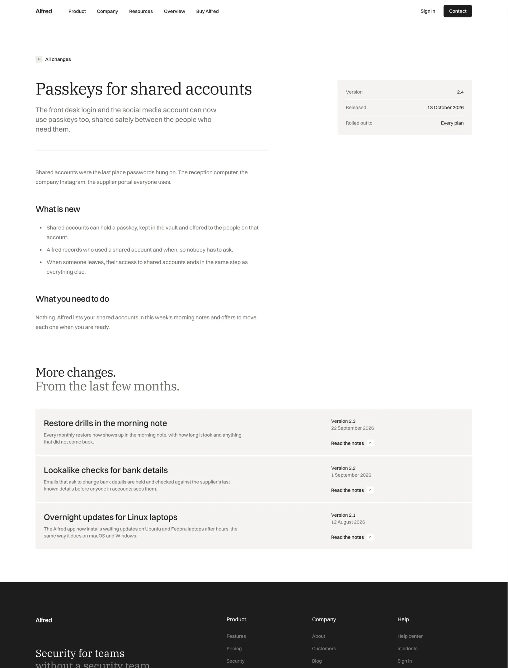 Alfred changelog entry for Passkeys for shared accounts with its version card, release notes and more changes below