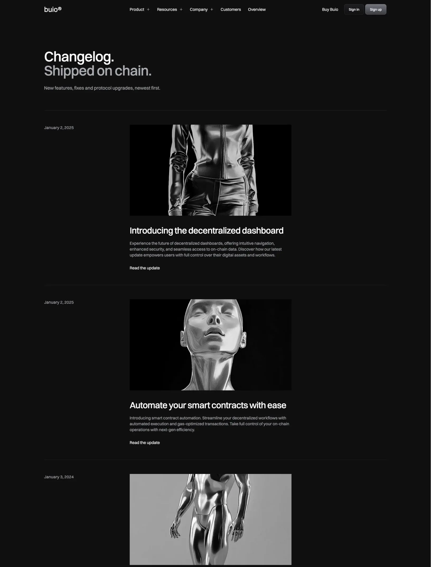 Buio changelog with each release dated beside a grayscale image, its title and a link to the update