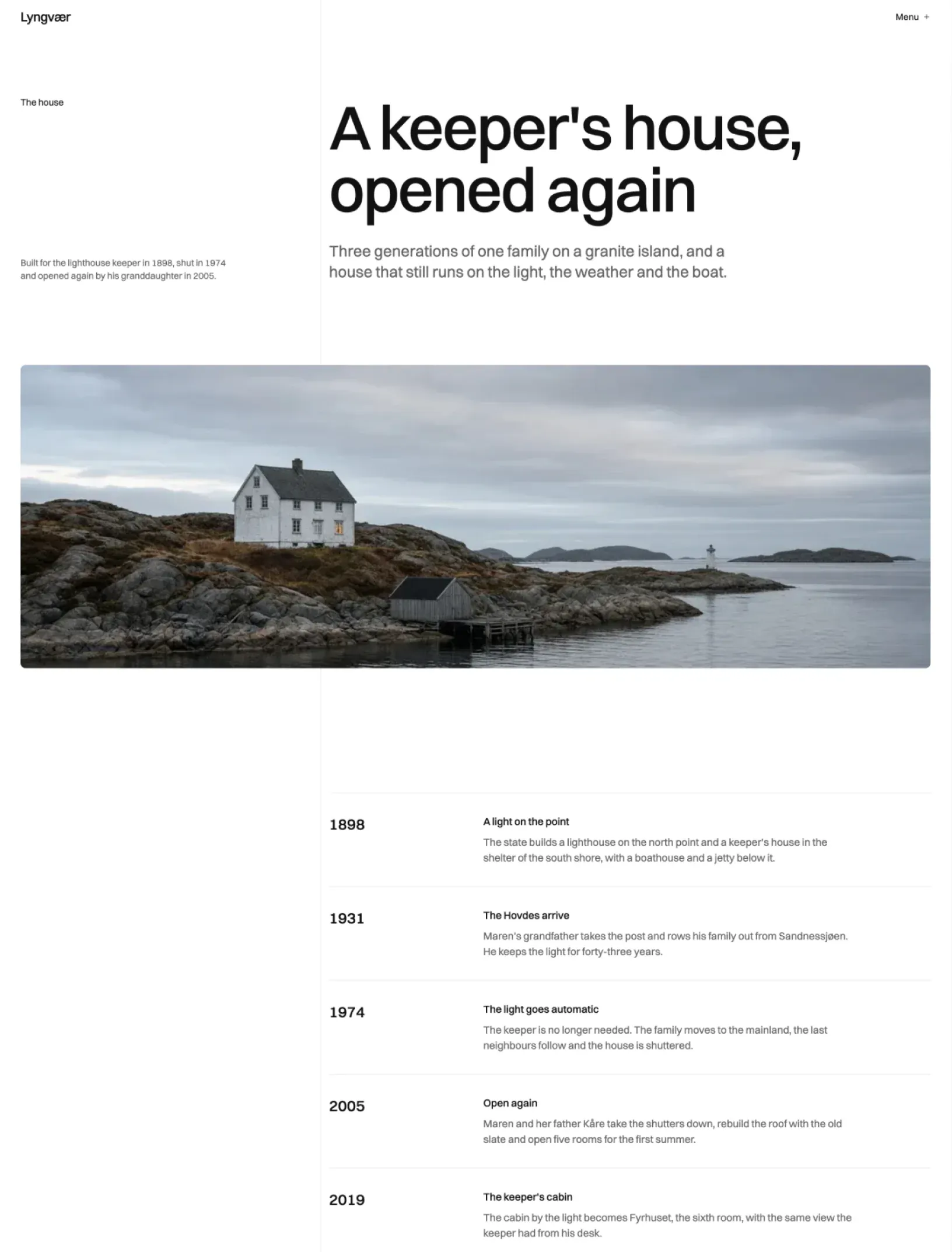 Author house page with a panorama of the keeper's house on the shore and a timeline of the island from 1898 to 2019