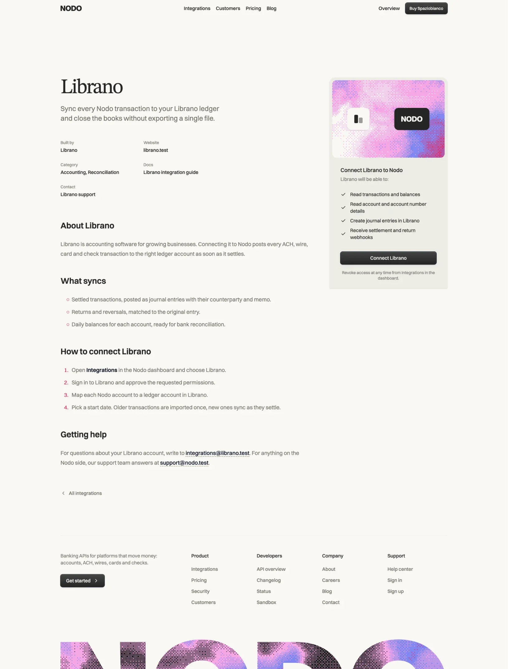 Spaziobianco integration detail page with setup guide and a sticky connector card