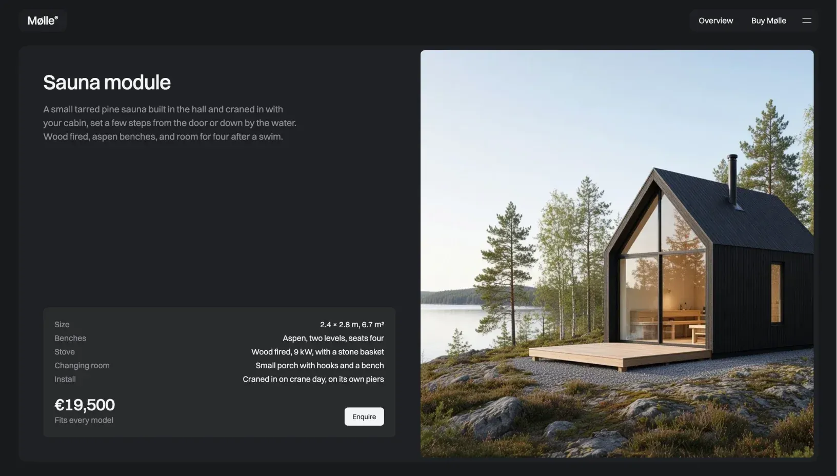 Mølle sauna module page as a dark split card with specs, price and an enquire button beside a photo of the sauna on a rocky shore