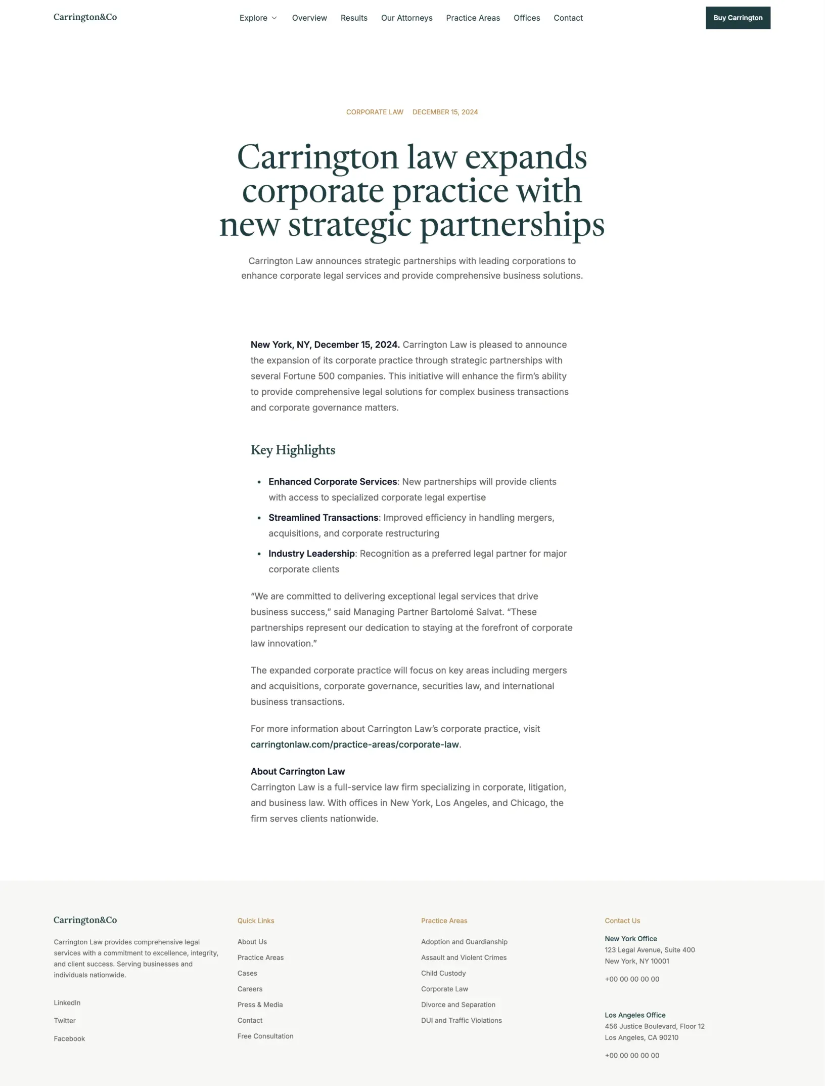 Carrington press release article with a centred serif headline and key highlights