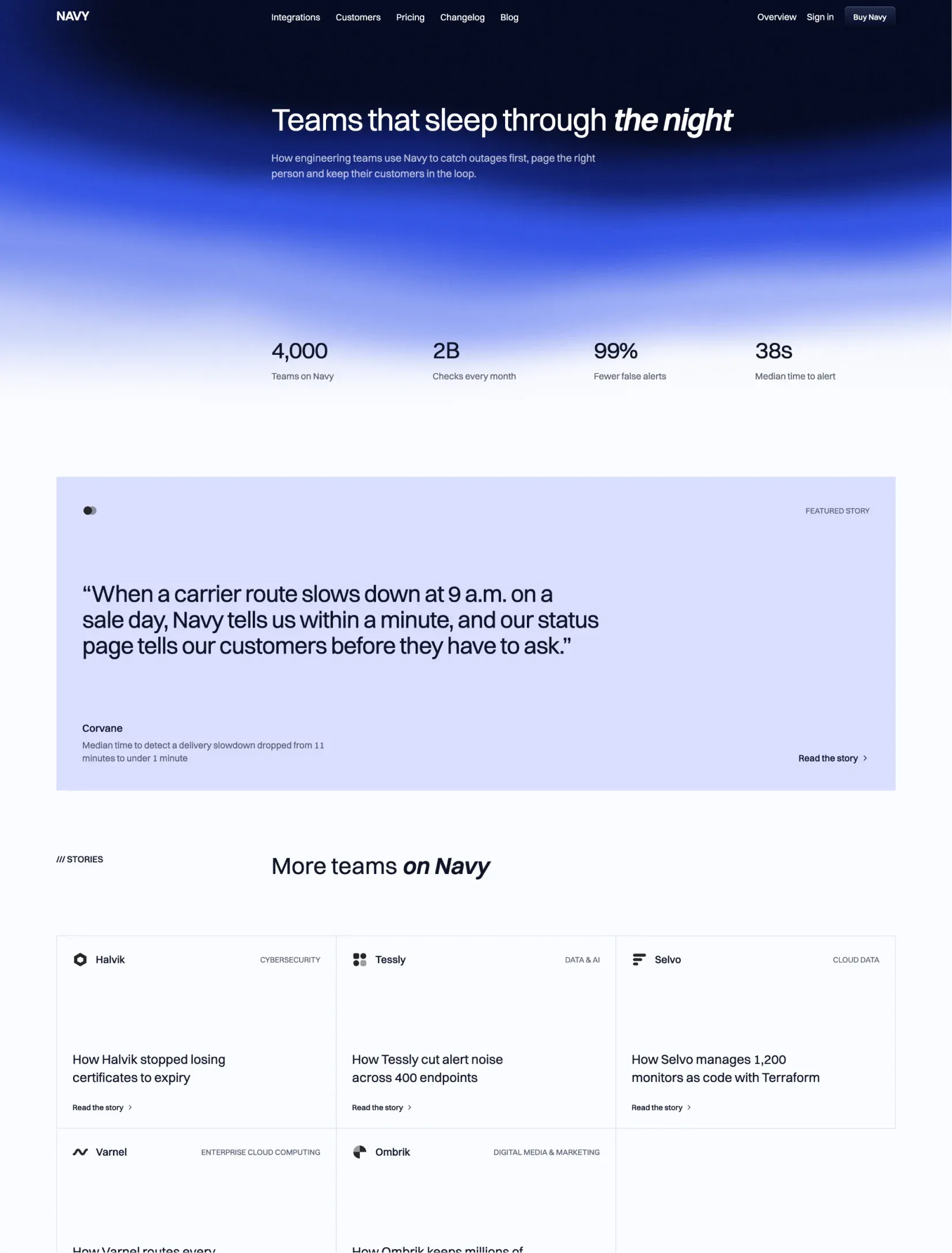 Navy customers page with headline stats over the gradient, a featured quote on lilac and a grid of customer stories