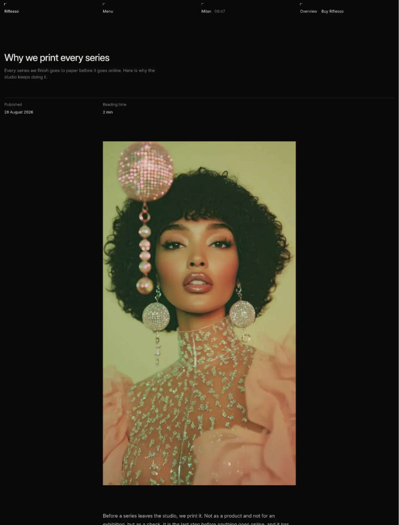 Riflesso journal post with the title, summary, publish date and reading time above a centred portrait and the article text