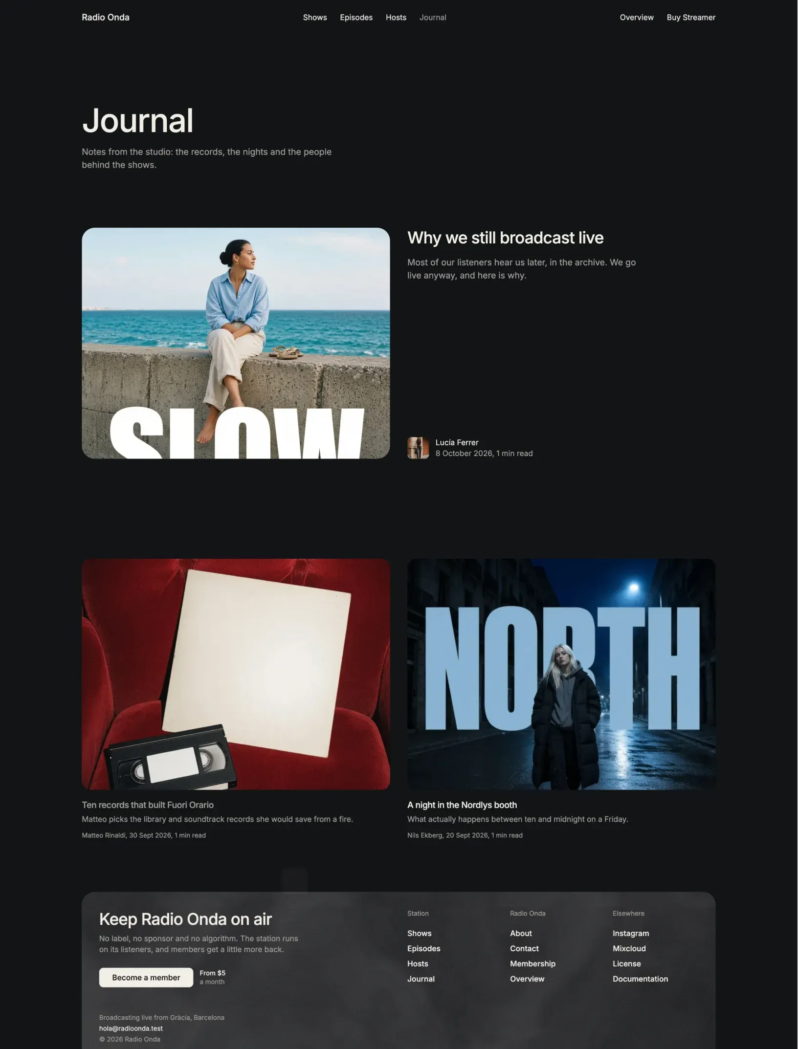 Streamer journal index with the latest post beside its photograph and author, then two more posts with their photographs, descriptions, authors and reading time