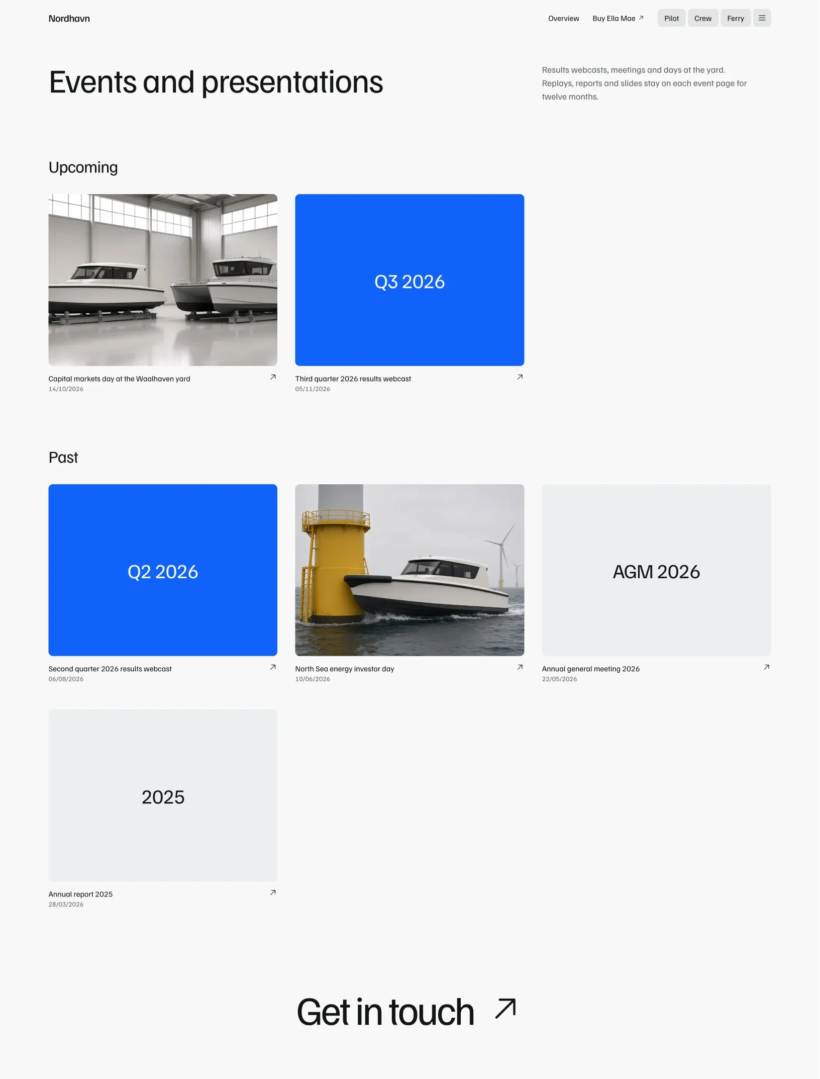 Ella Mae events page with upcoming and past events as photos and solid blue and grey tiles