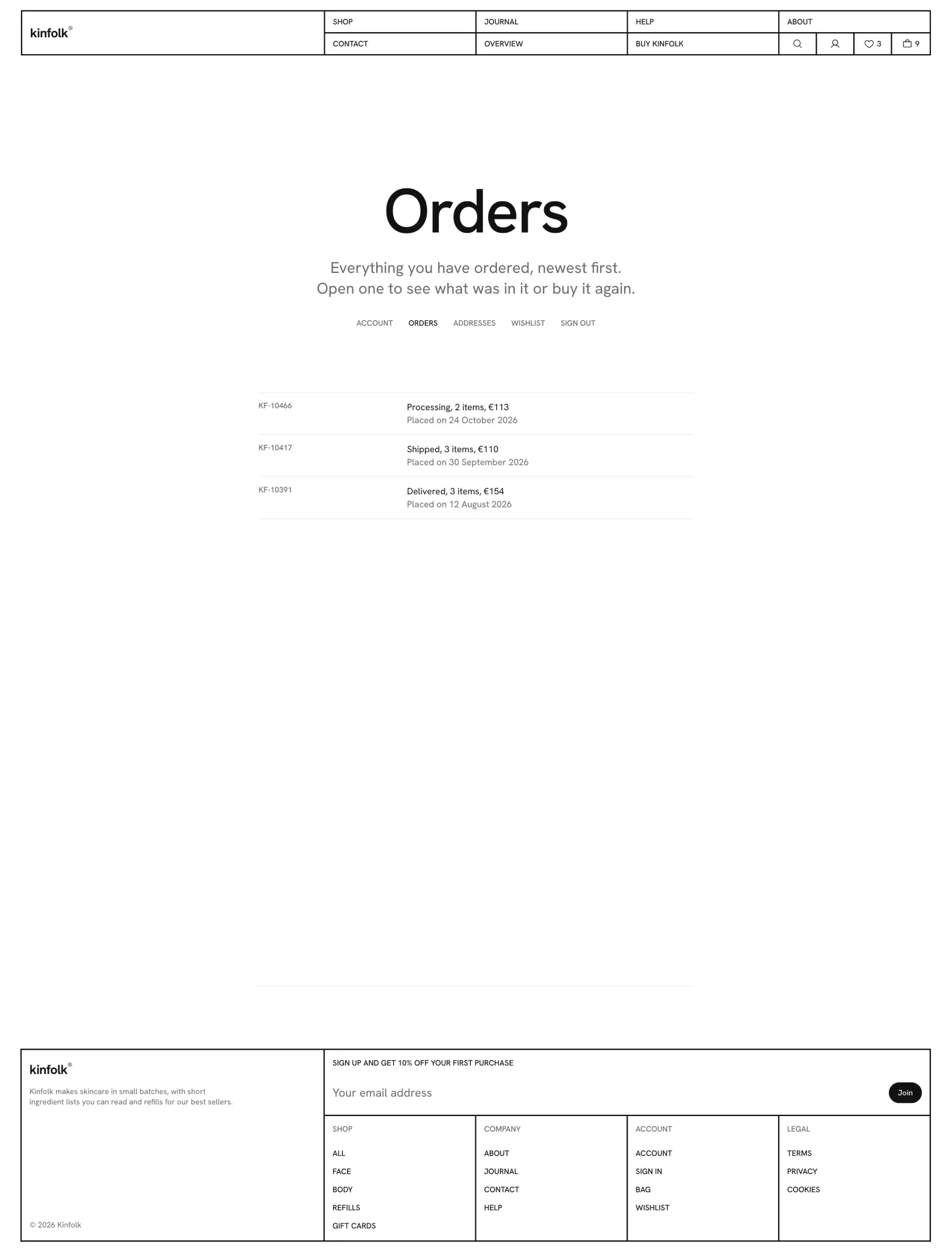 Kinfolk orders page with three orders as rows showing the number, status, items, total and the date placed