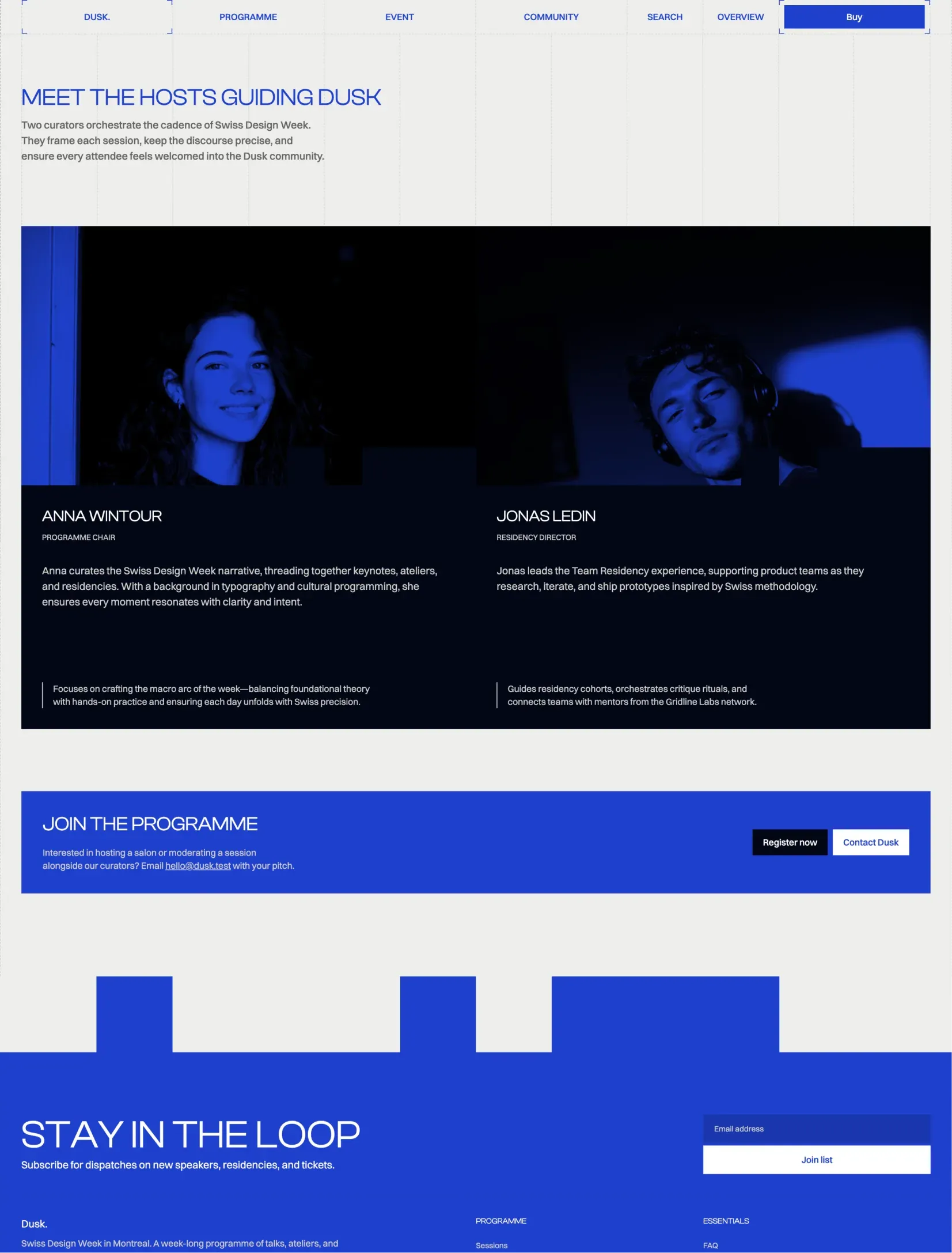 Dusk hosts page with the two curators on midnight cards with duotone portraits, and a call to join the programme
