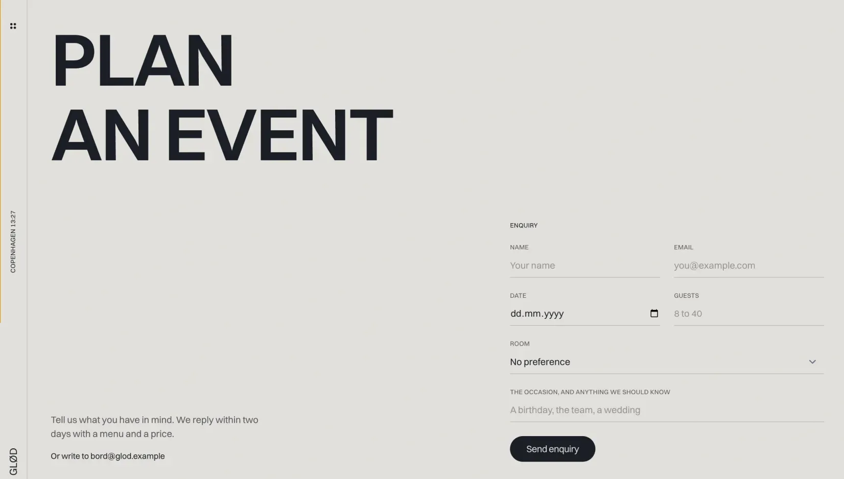 Ottis plan an event page with a large headline and an enquiry form