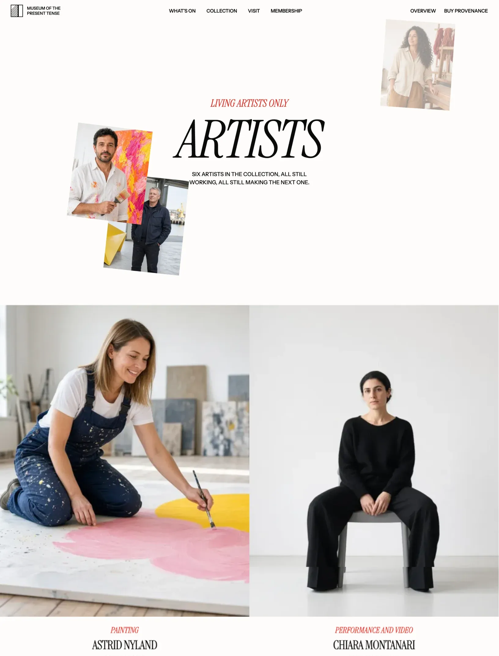 Offcut artists index with tilted artist portraits scattered around the Artists title, then large portraits of a painter at work on the floor and a performer seated on a chair, each with their practice and name